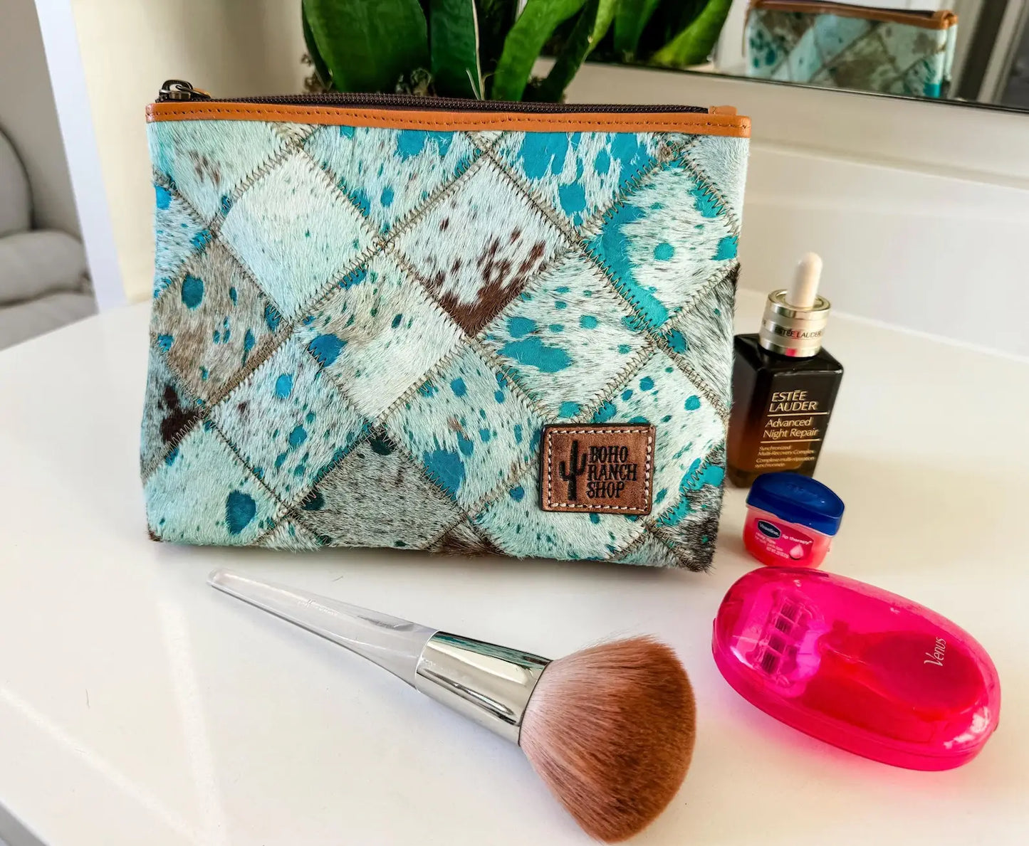 Boho Ranch Shop - Checkered Western Cowhide Makeup Bag Travel - LEOPARD + RAINBOW