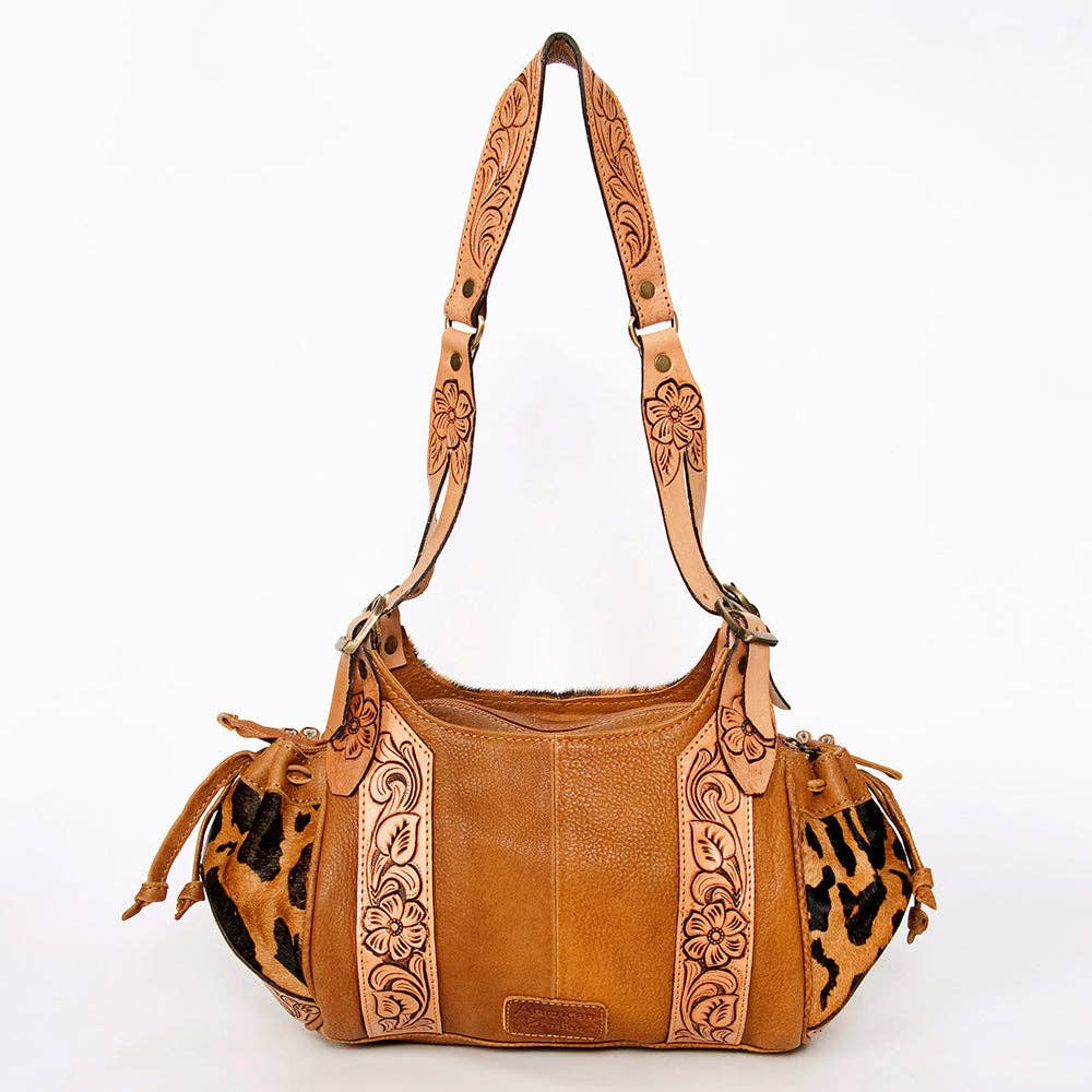 LS Western - ADBGA209 Western Floral Tooled Leather Cowhide Shoulder Handbag with Drawstring Tassel - ADBGA209B