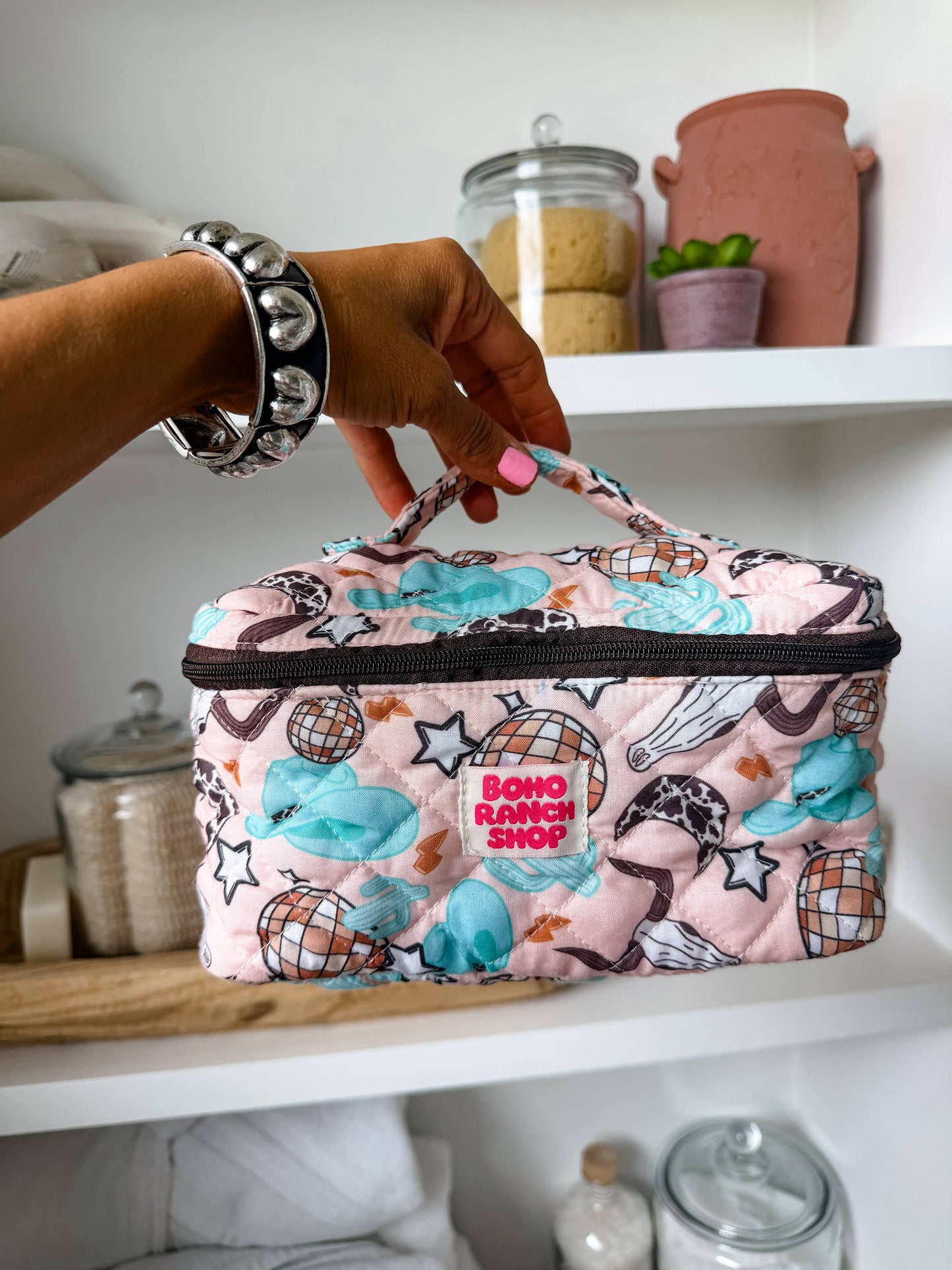 Boho Ranch Shop - Quilted Western Makeup Bag  | Cowgirl Cosmetic Bag Fabric  - DESERT DISCO