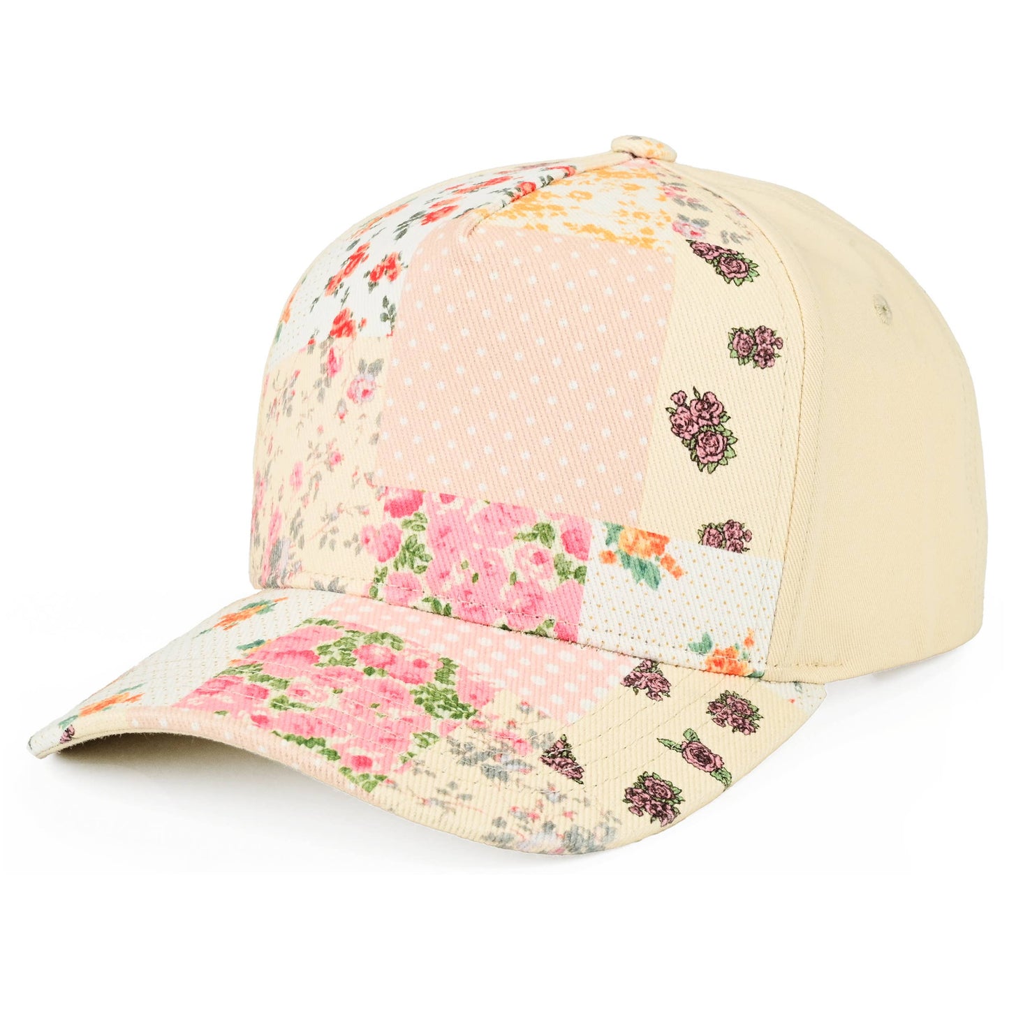 Hana - C.C Floral Patchwork Brim Criss-Cross Ponytail Trucker Hat - Beige