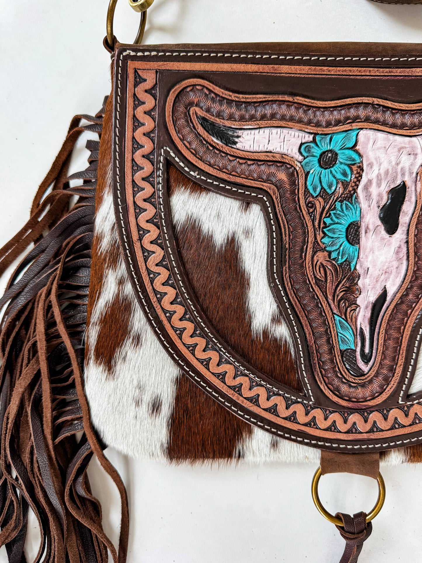 Boho Ranch Shop - THE CAROLINE CROSSBODY steer longhorn - cowhide purse bag - RED FLOWER