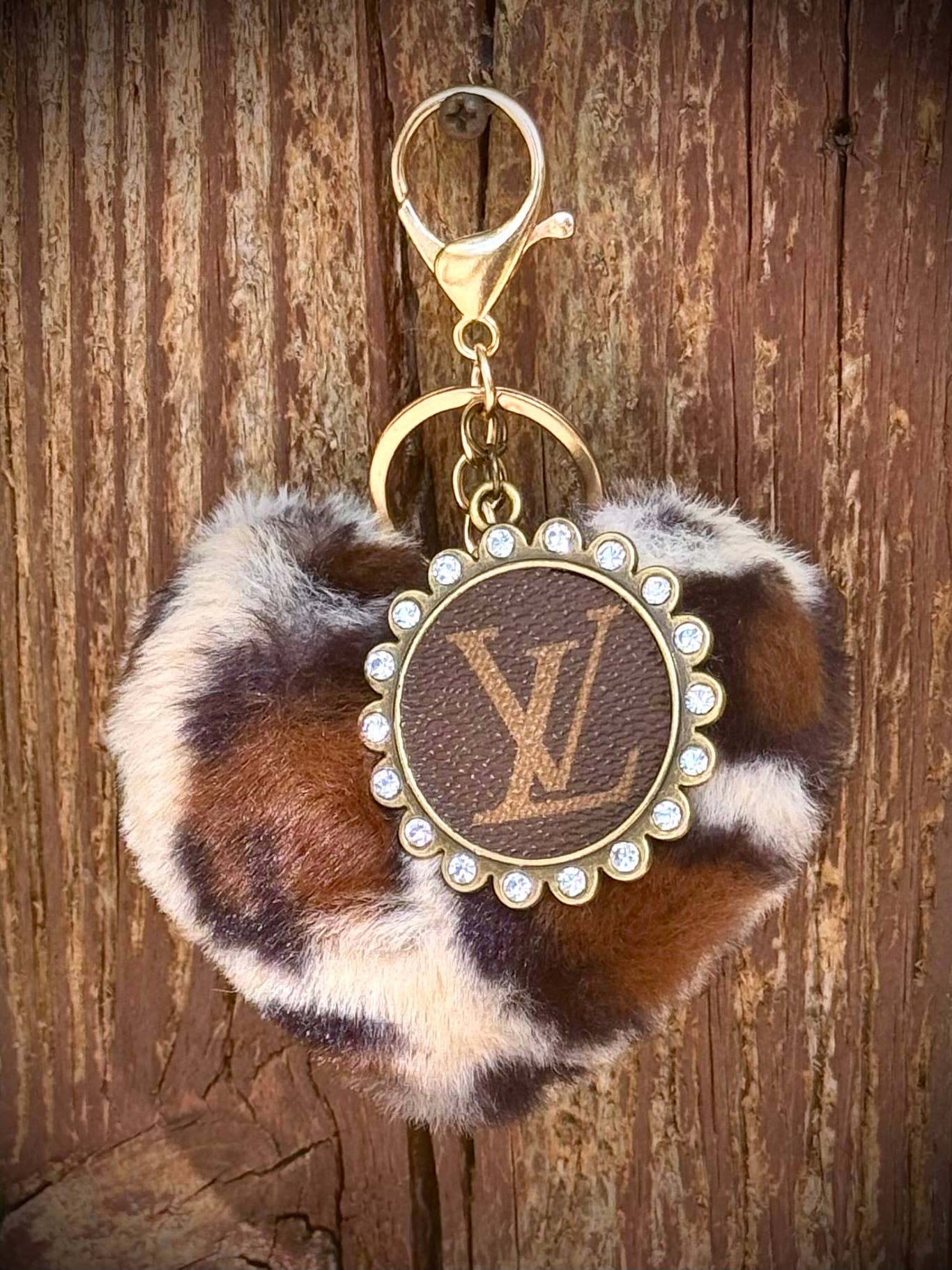 Southern Junkie Gypsy Boutique - Upcycled LV Leopard Heart Keychain Bag Charm Fuzzy