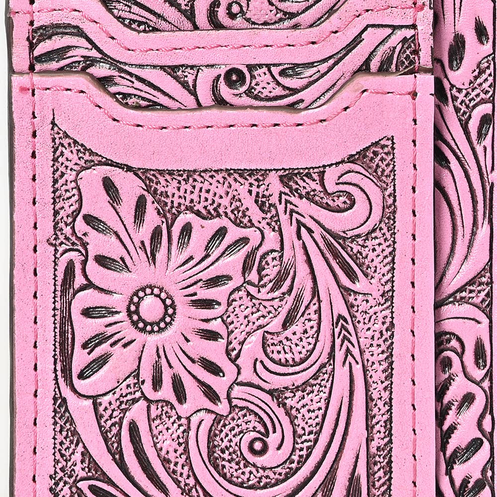 American Darling Pink Western Leather Card Holder Bag with Hand-Tooled Floral Carving - ADBG1506C