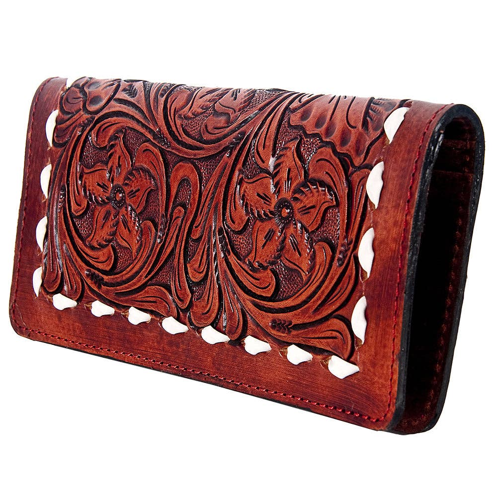 Western Hand Tooled Genuine Leather Floral Crossbody Wallet Clutch