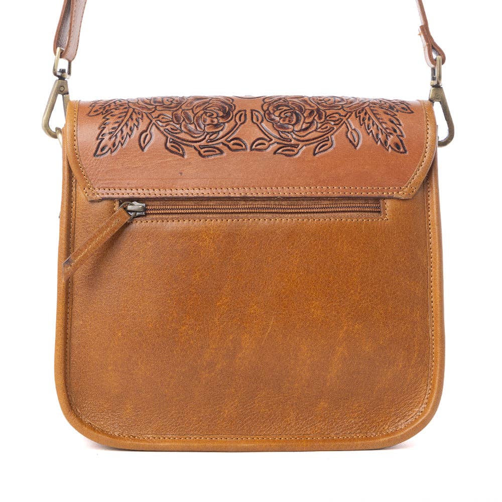 Myra Bag - Cedar Range Handtooled Hairon Buckle Leather Bag in Chestnut Ivory - Chestnut Ivory