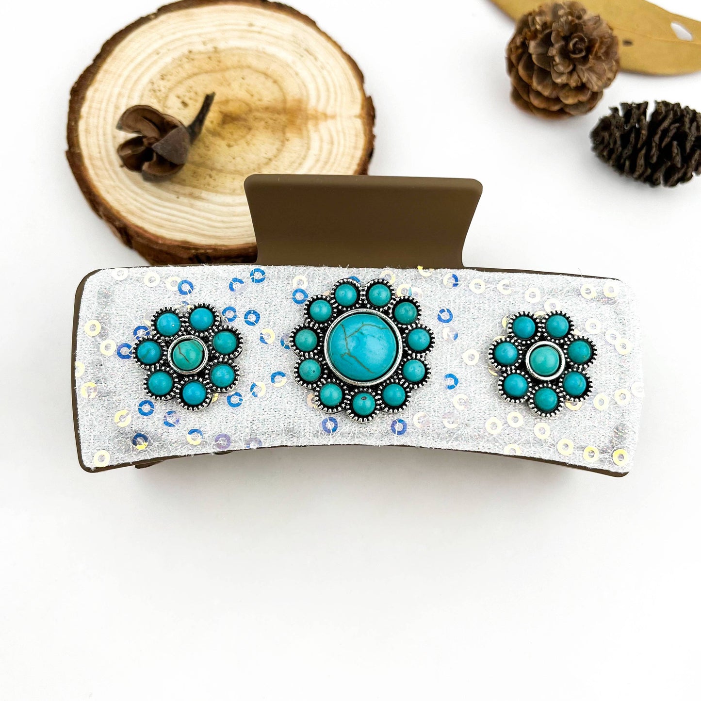 Boho Turquoise Floral PU Rectangle Hair Claw Clip - B