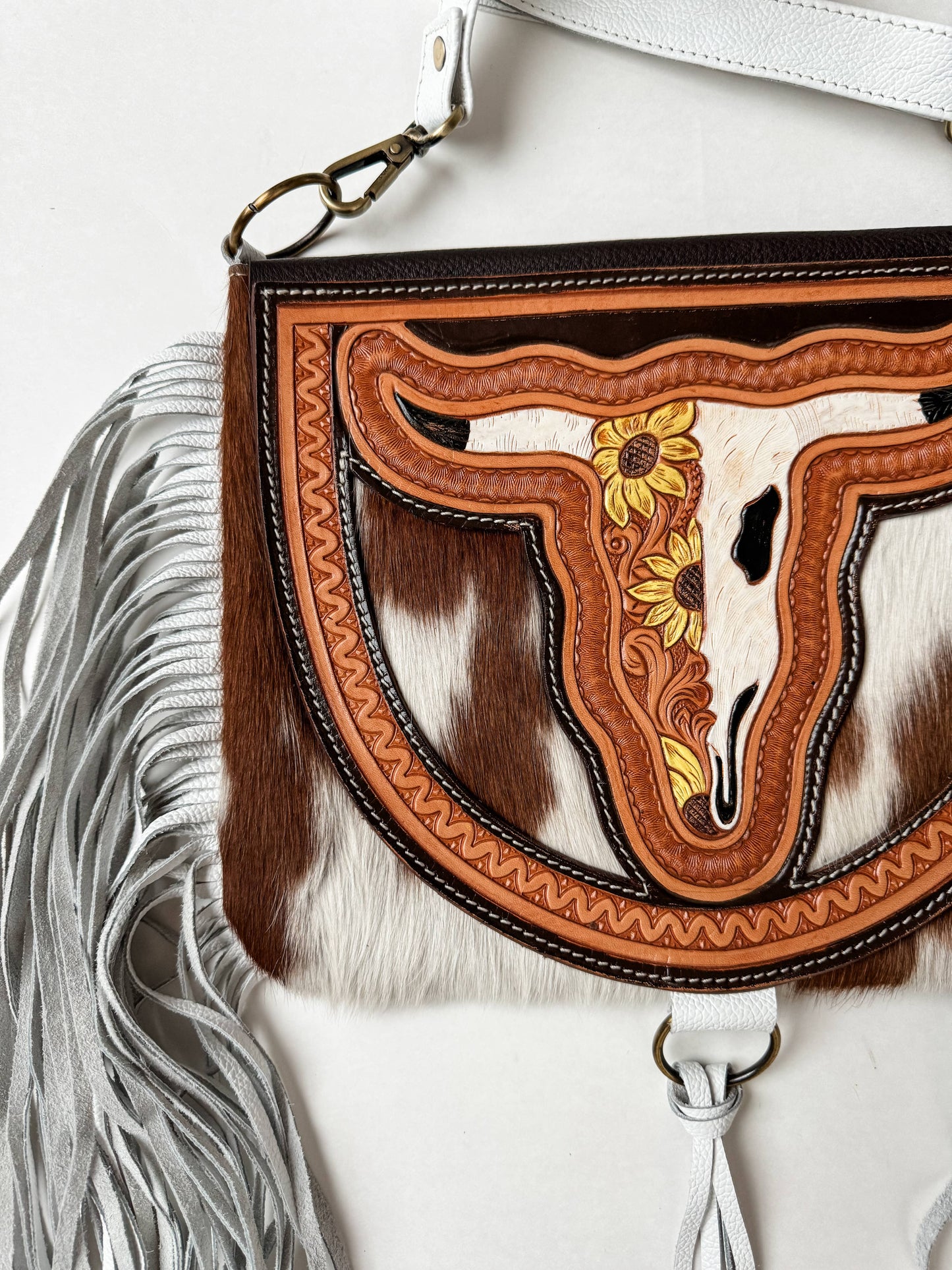 Boho Ranch Shop - THE CAROLINE CROSSBODY steer longhorn - cowhide purse bag - RED FLOWER