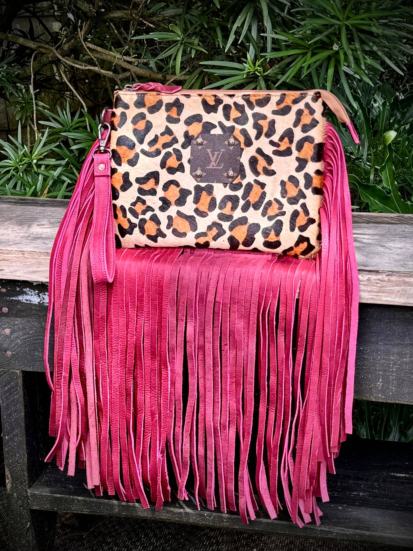 Southern Junkie Gypsy Boutique - Upcycled LV Leopard Print Cowhide Leather Fringe Wristlet 