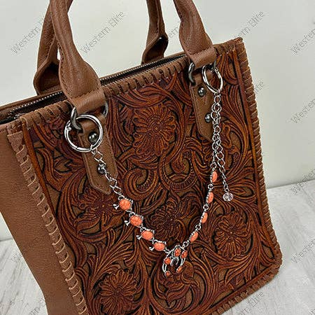 Western Elite Jewelry - PC260418-17       12'' Silver metal chain with orange turquoise stone squash blossom charms Purse chain