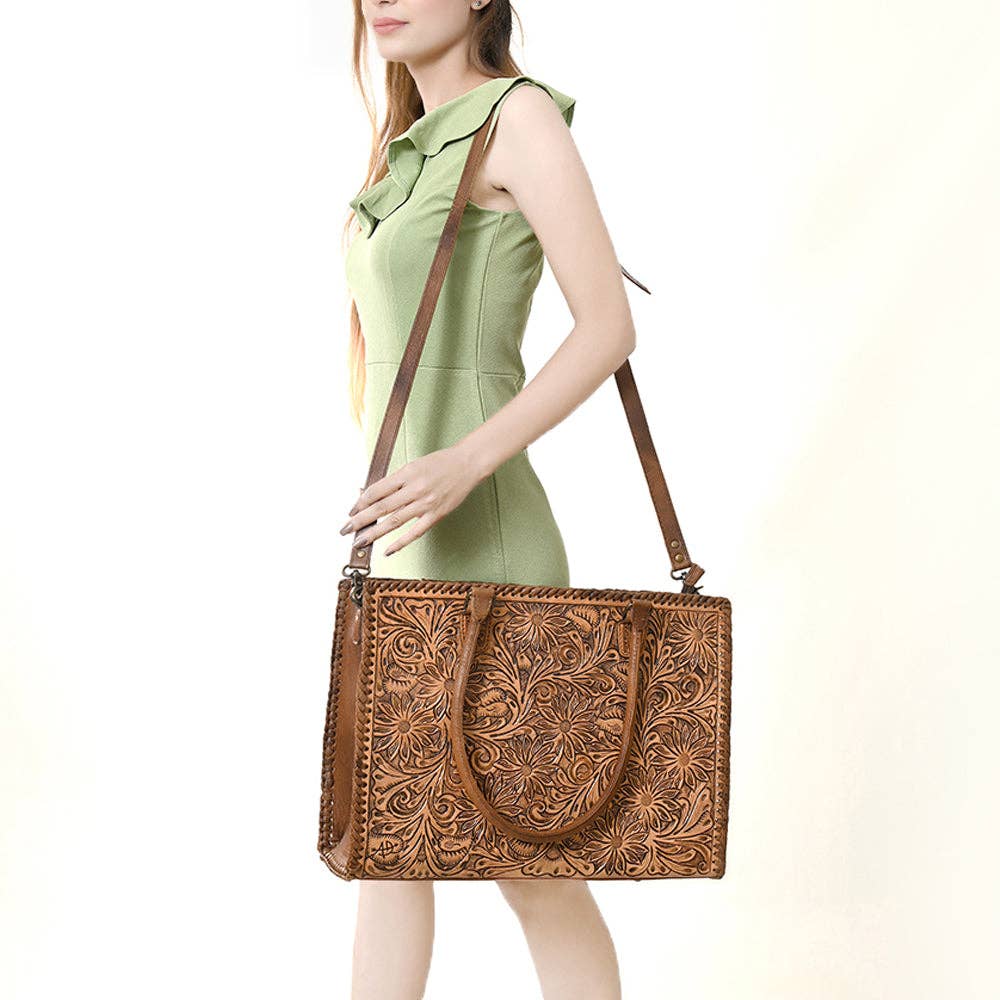 ADBG235 American Darling Western Leather Tote Bag - Hand Tooled Floral Carved Braided Purse - ADBG235J