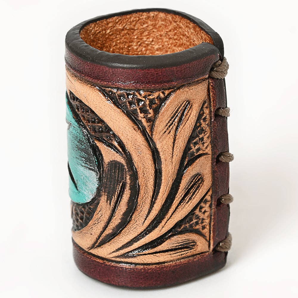 LS Western - Hand Tooled Leather Scarf Ring Vegetable-Tanned Scarf Slide - ADSRG104H