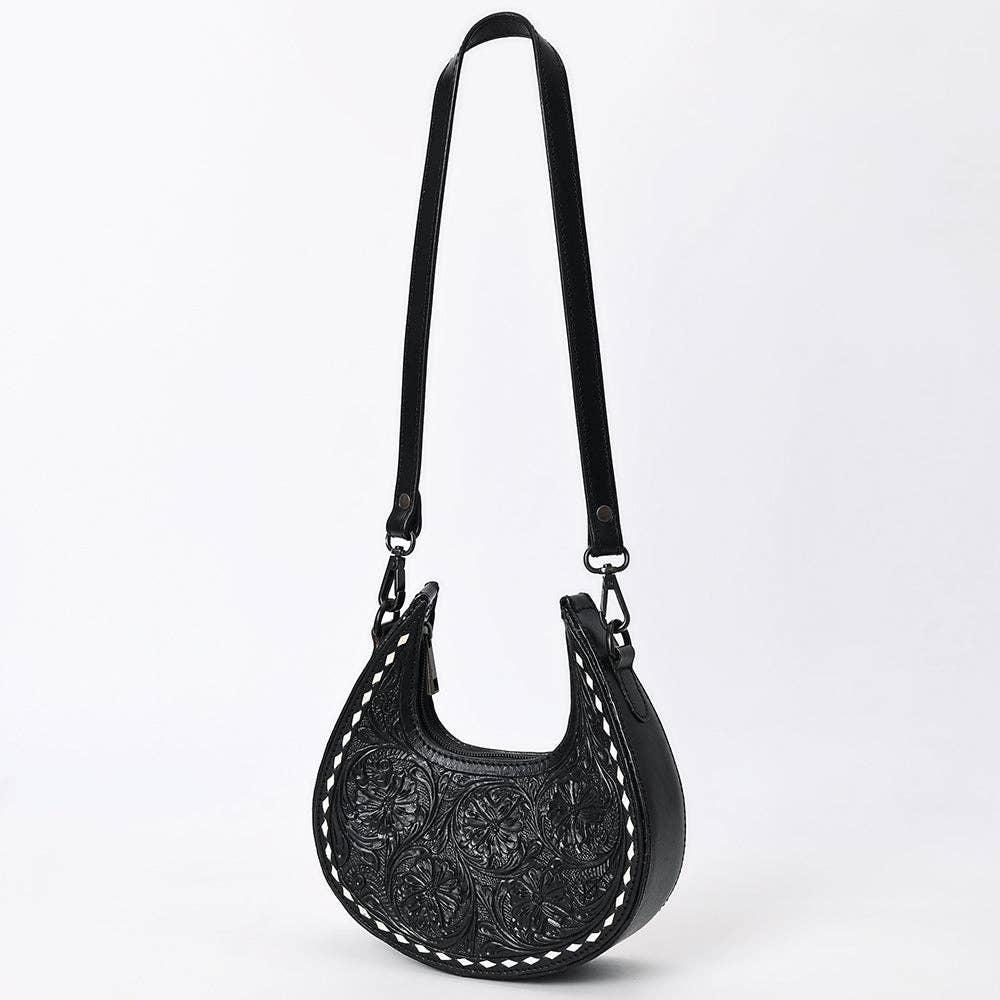 Black Half-Moon Hand-Tooled Leather Crossbody Bag - American Darling
