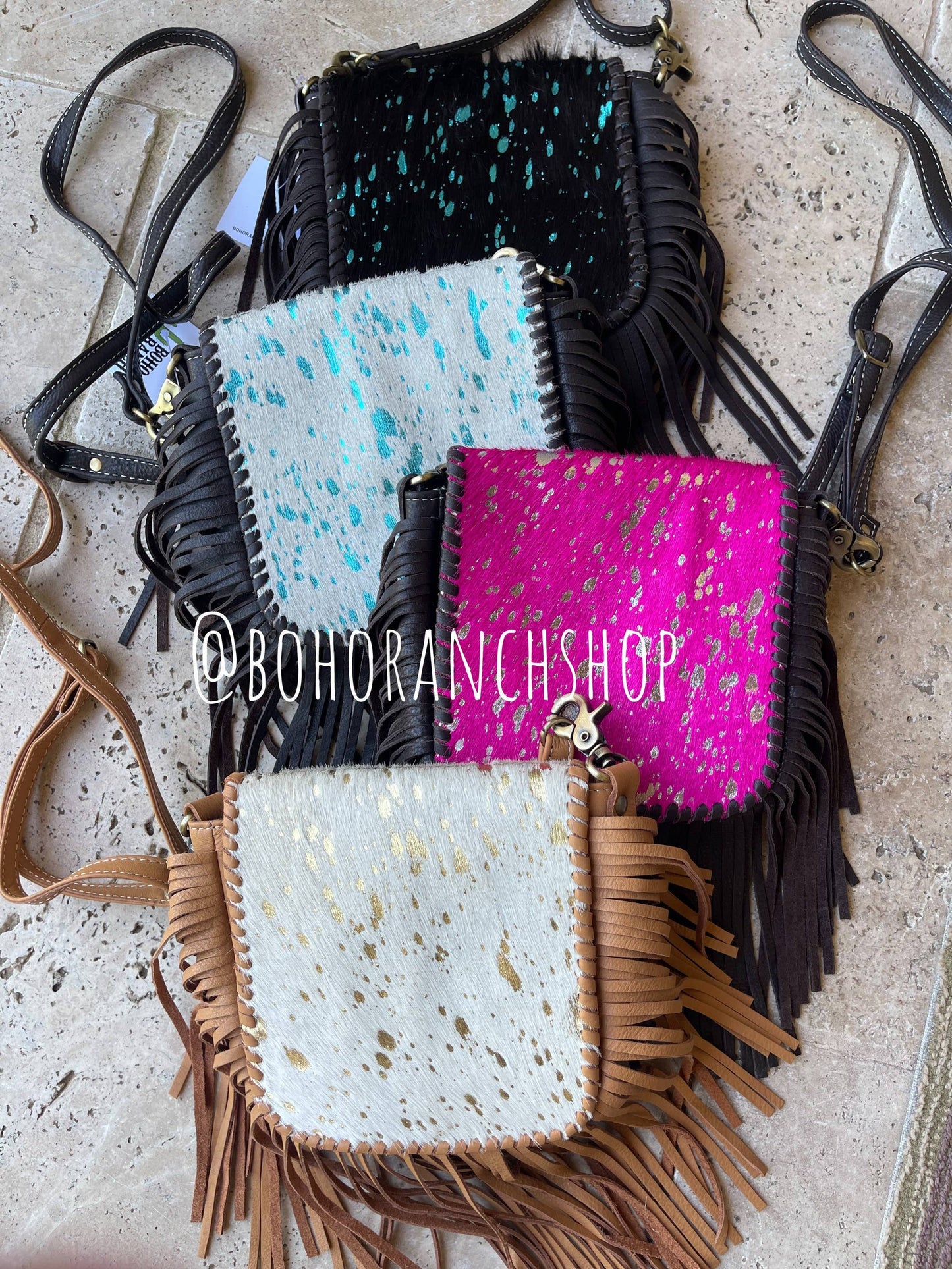 Boho Ranch Shop - The Kylie Crossbody - Genuine Hairon Cowhide - BROWN + TURQUOISE SPECS
