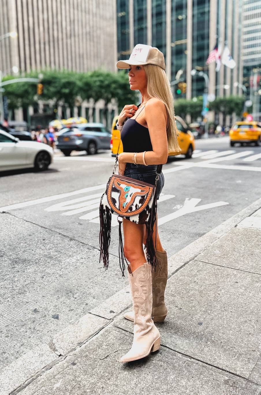 Boho Ranch Shop - THE CAROLINE CROSSBODY steer longhorn - cowhide purse bag - YELLOW FLOWER