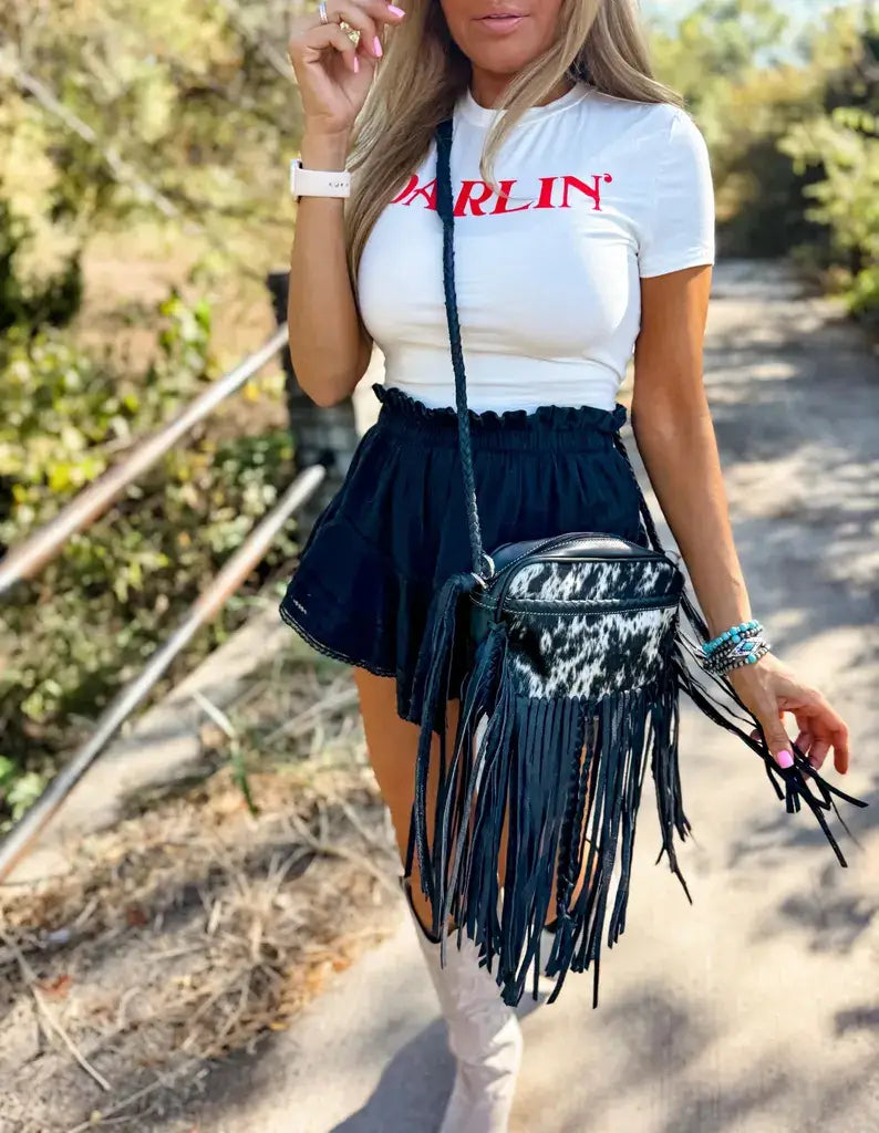 Boho Ranch Shop - THE MEGAN CROSSBODY cowhide Western Tooled Leather purse - BROWN + WHITE COWHIDE