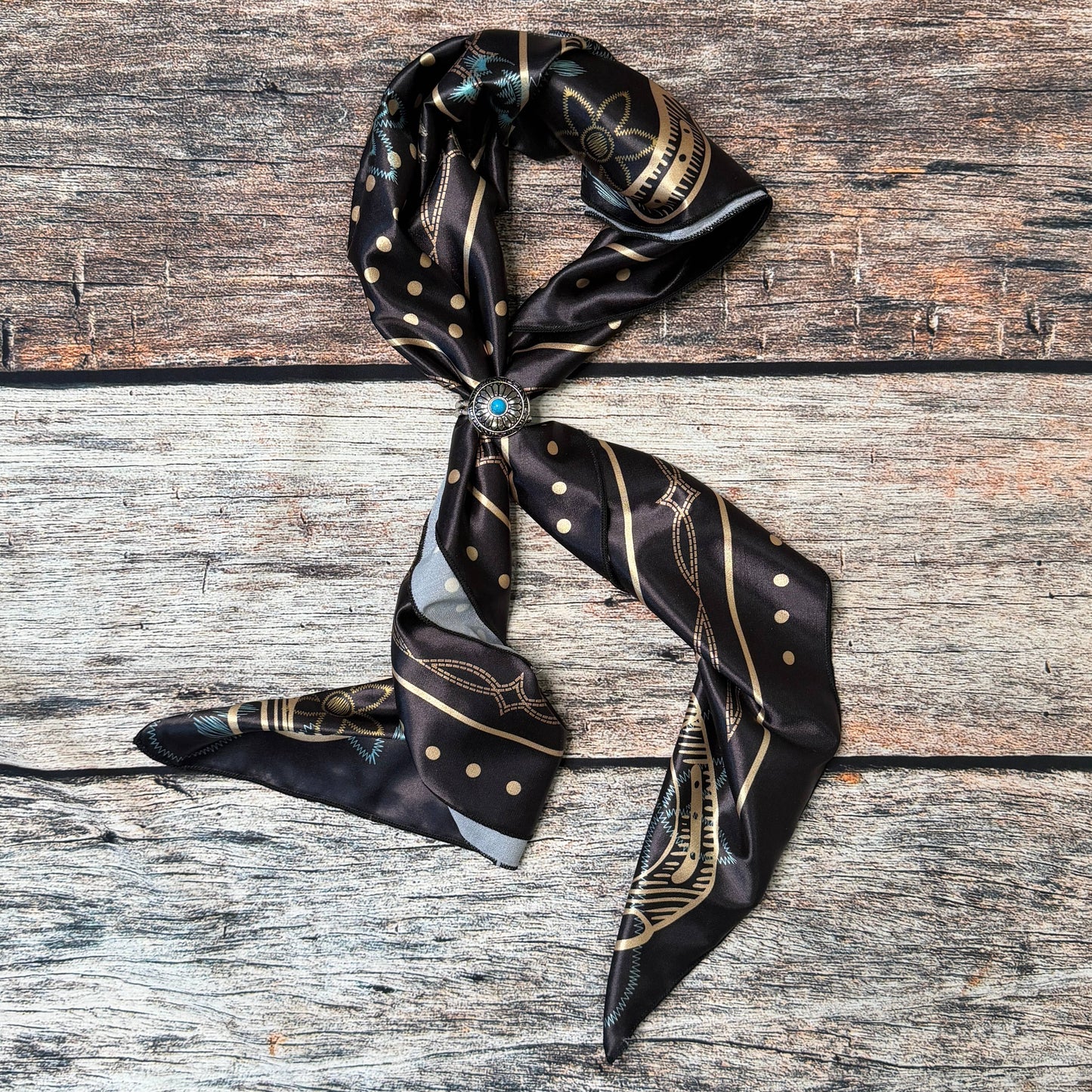 POLKA DOT BRONCO PRINT SILK SCARF 36X36 - Black/Khaki