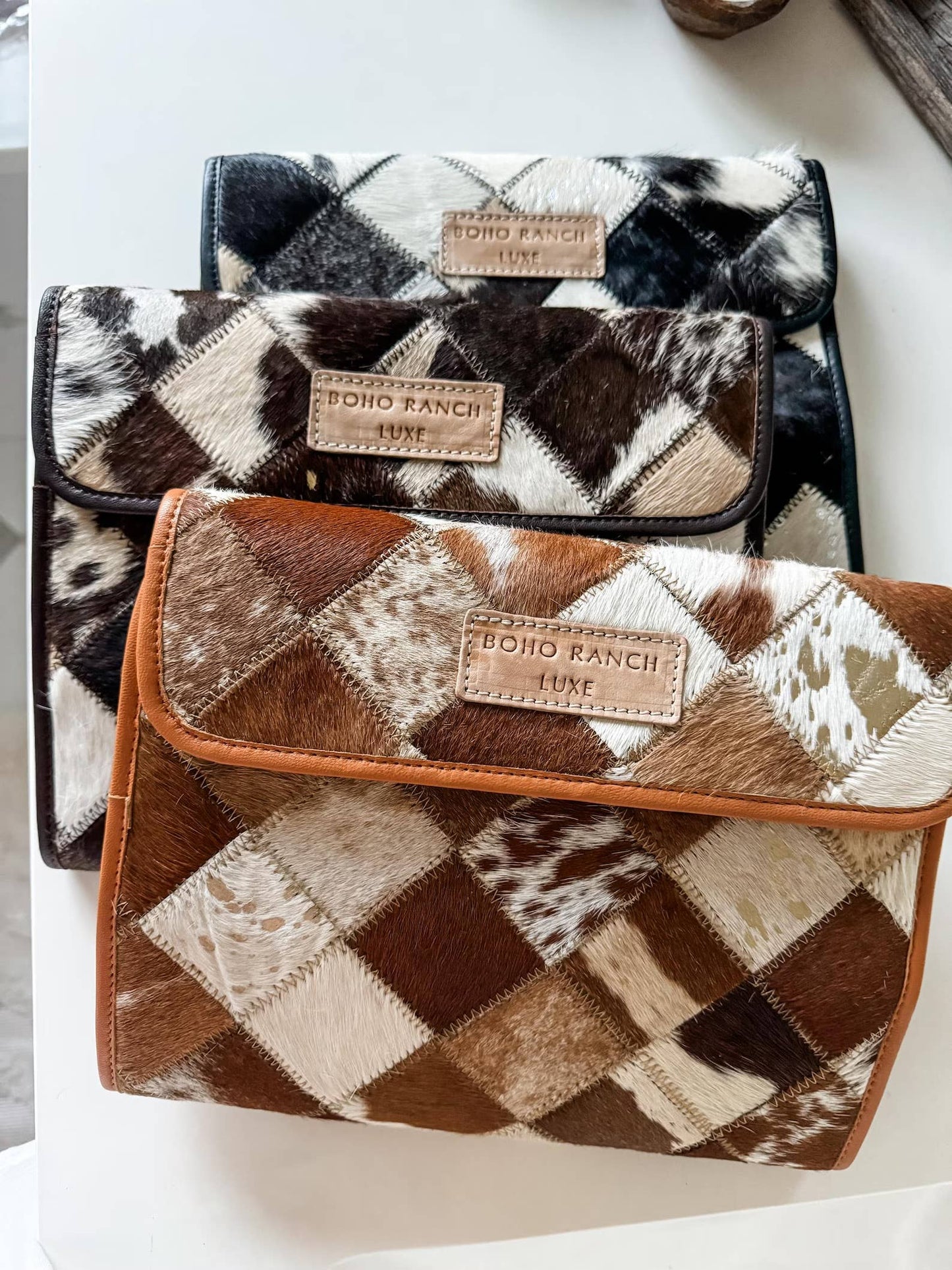 Boho Ranch Shop - BOHO LUXE FOLDABLE travel makeup jewelry bag Genuine Cowhide - BROWN + WHITE