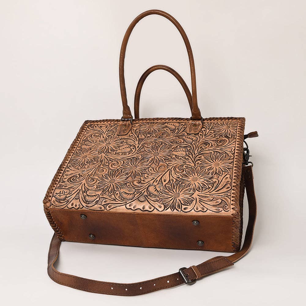 ADBG235 American Darling Western Leather Tote Bag - Hand Tooled Floral Carved Braided Purse - ADBG235J