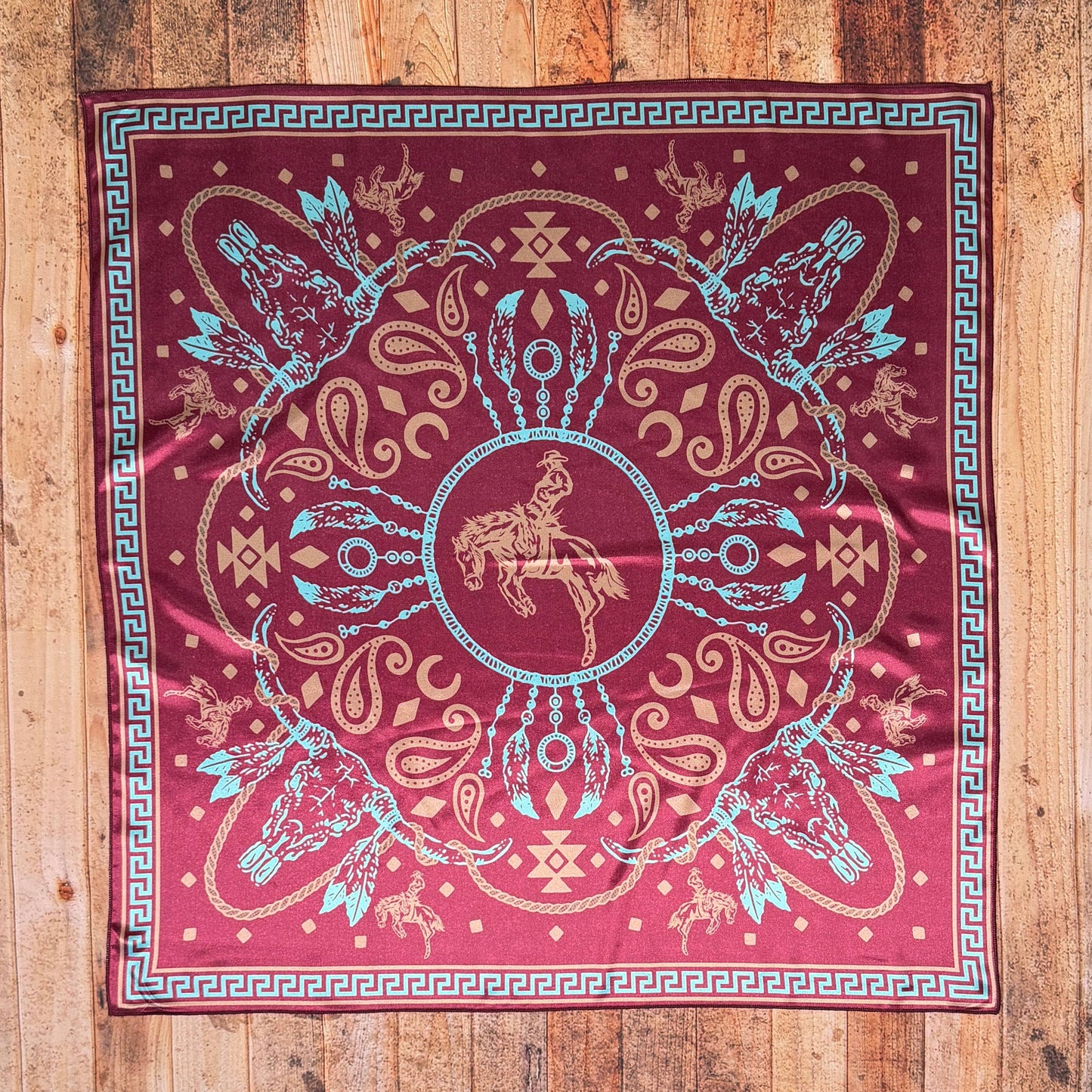 LONGHORN BRONCO PRINT SQUARE SILK WILD RAG 36X36 - Burgundy/Turquoise