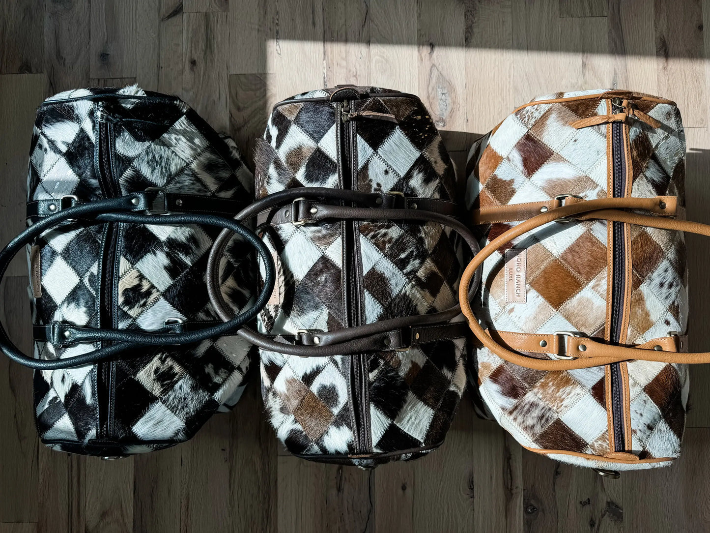 Boho Ranch Shop - BOHO LUXE DUFFLE Weekender Leather HairOn Cowhide Travel Bag - Brown +White Cowhide