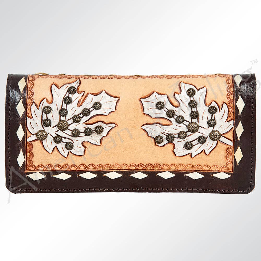Western Hand Tooled Genuine Leather Floral Crossbody Wallet Clutch