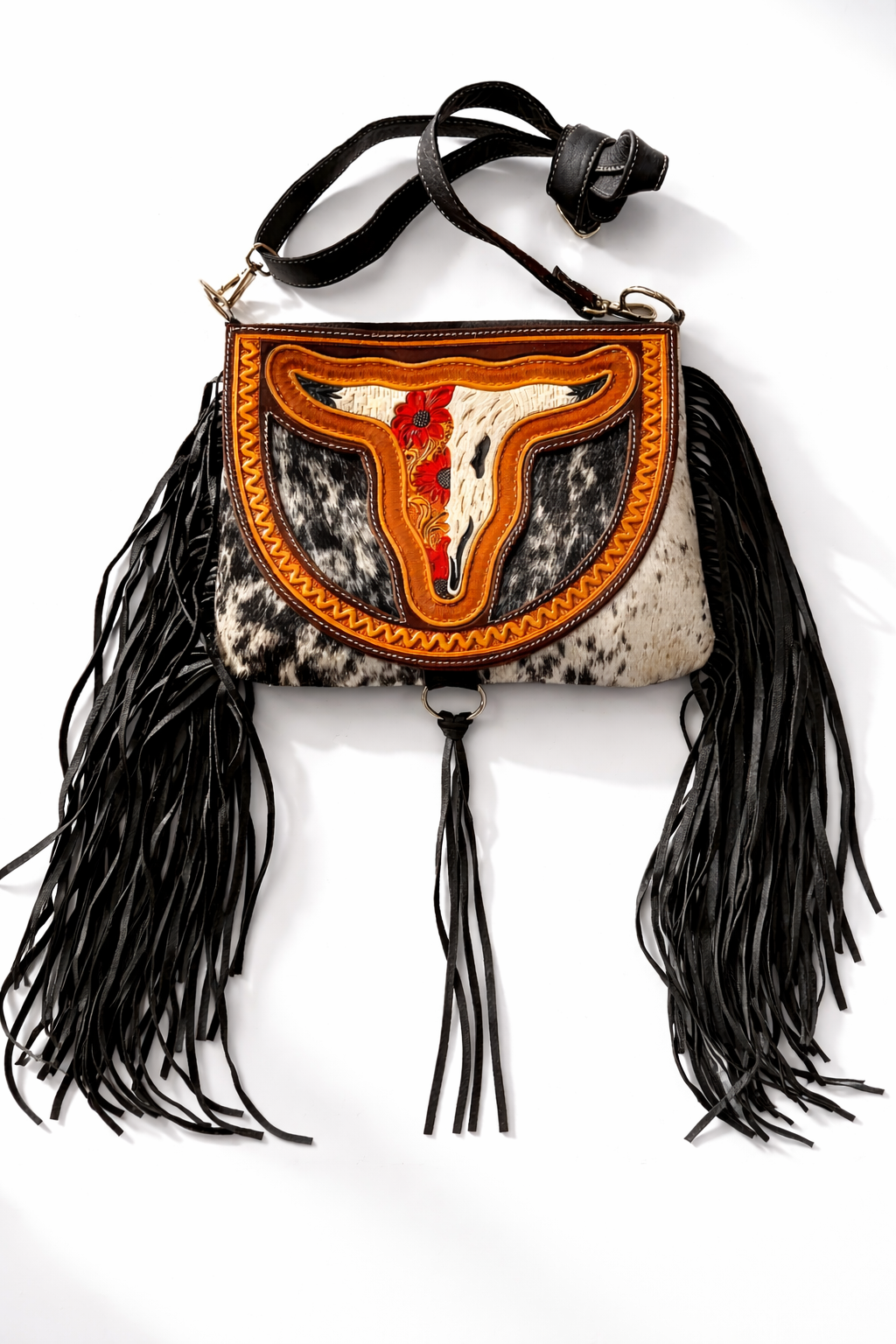Boho Ranch Shop - THE CAROLINE CROSSBODY steer longhorn - cowhide purse bag - RED FLOWER