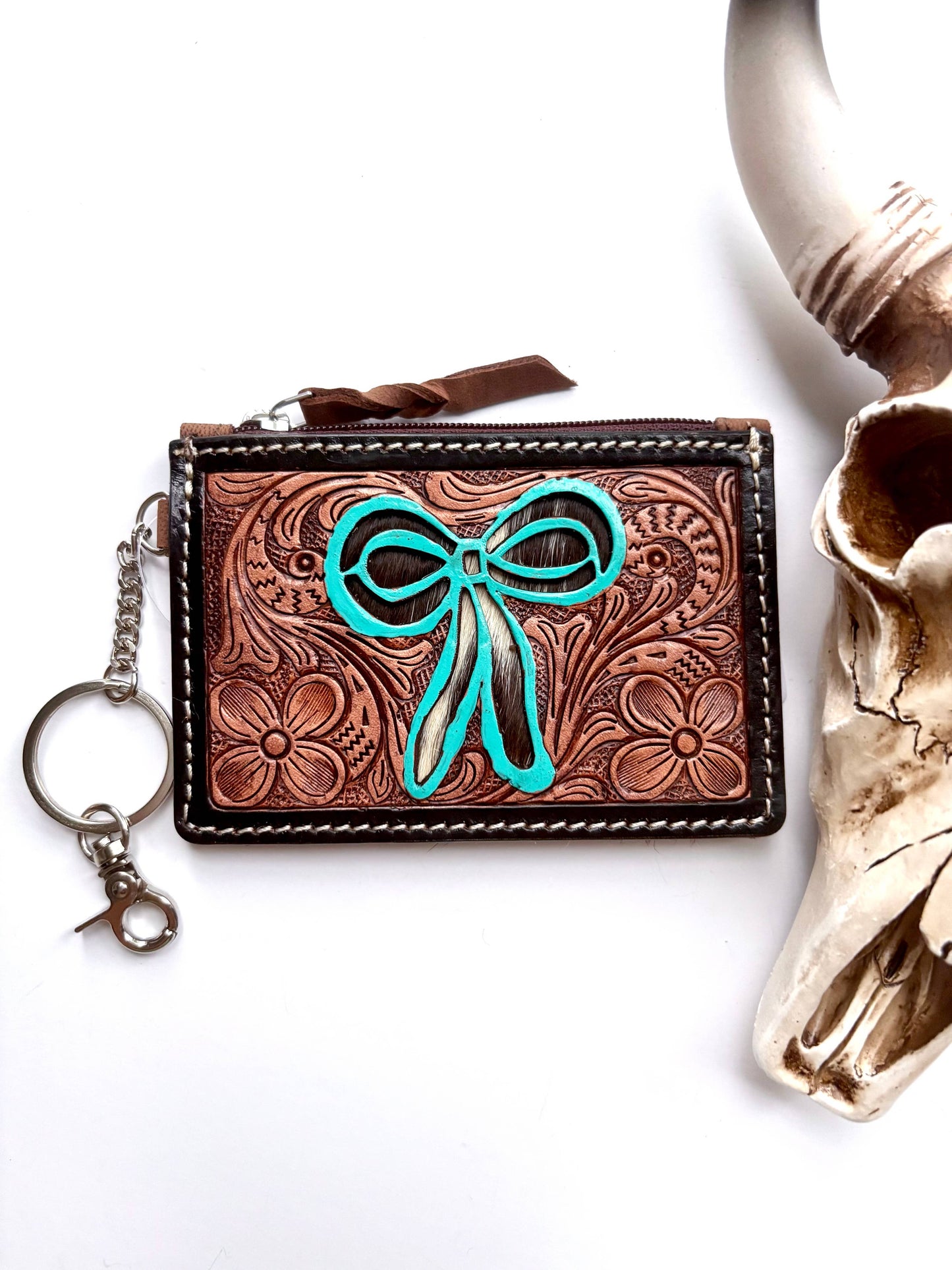 Boho Ranch Shop - Tooled Leather Keychain Wallet Thunderbird Longhorn Bow Hat - TURQUOISE COWBOY HAT