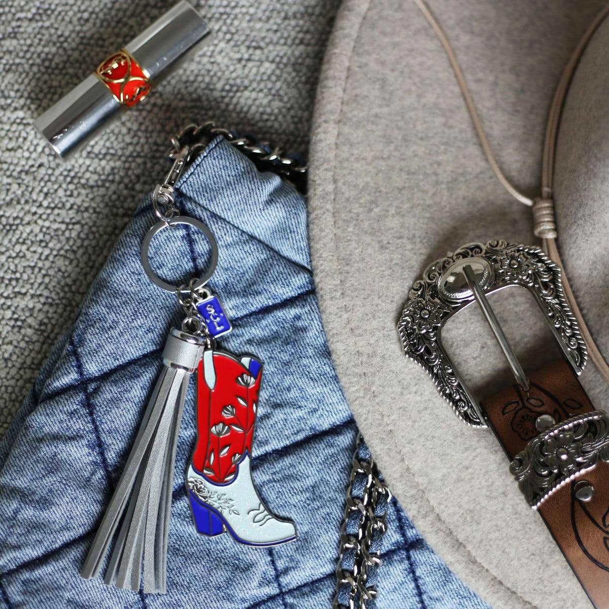 Sophisticated Country Lady - Patriotic Cowgirl Boot Keychain Bag Charm - Silver Tassel - Hanging Card