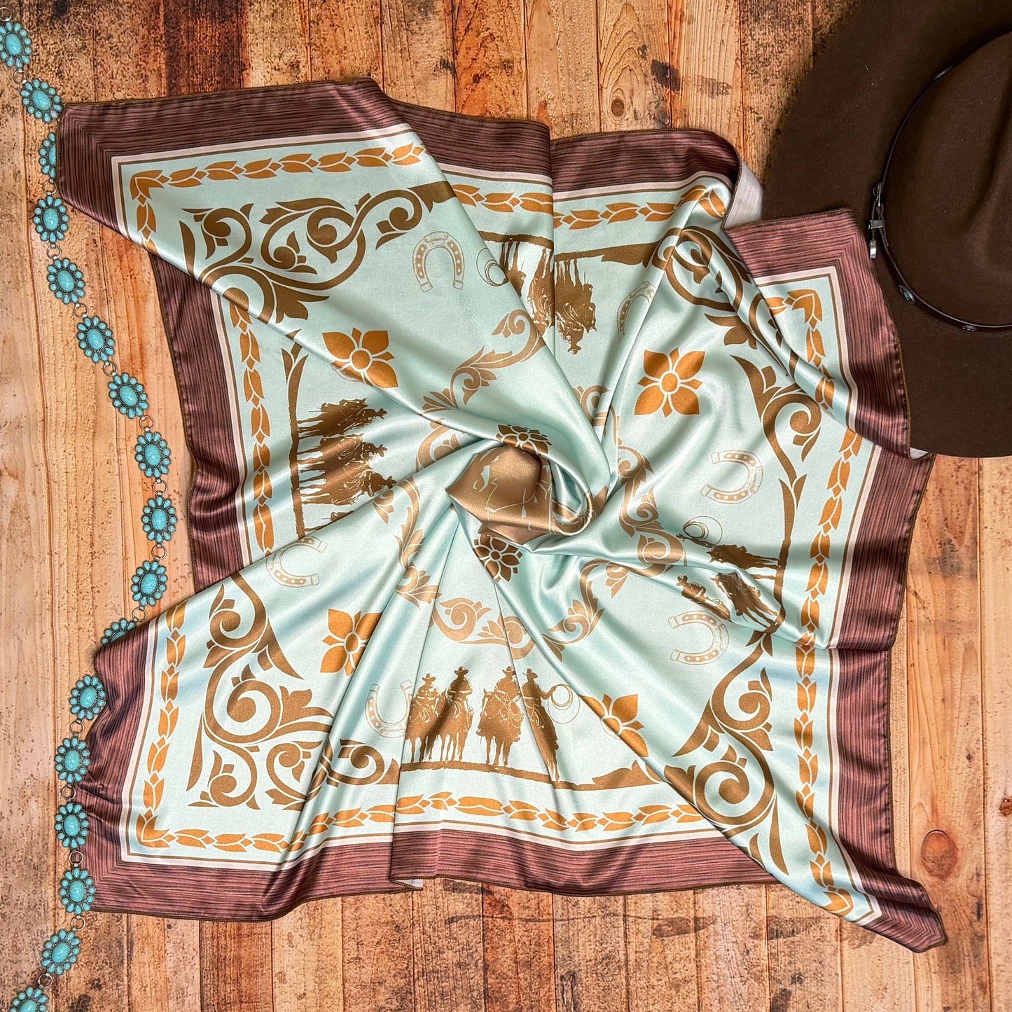 WESTERN COWBOY PRINT SILD WILD RAG 36X36 - Mint/Brown