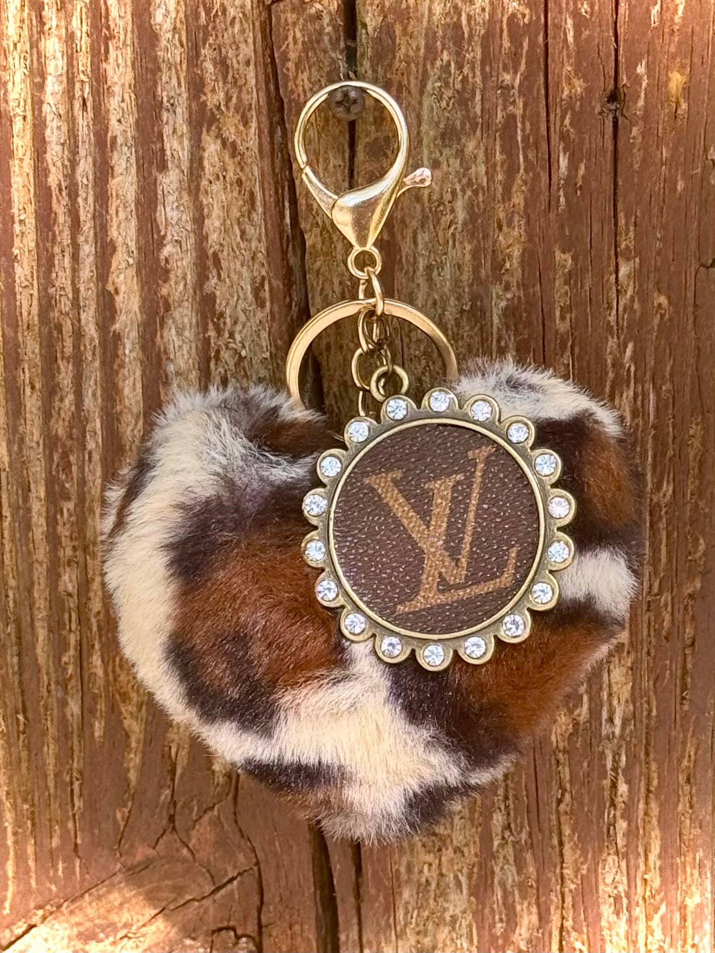 Southern Junkie Gypsy Boutique - Upcycled LV Leopard Heart Keychain Bag Charm Fuzzy