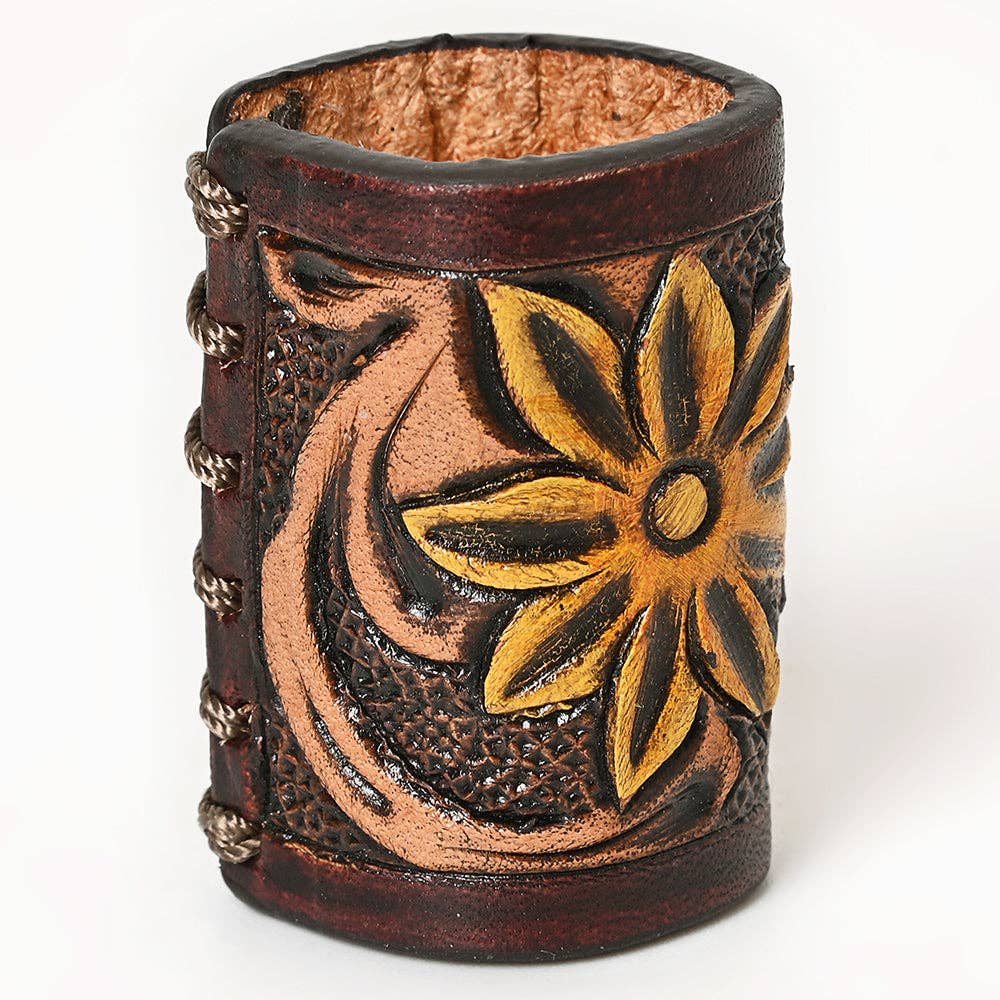 LS Western - Hand Tooled Leather Scarf Ring Vegetable-Tanned Scarf Slide - ADSRG104D