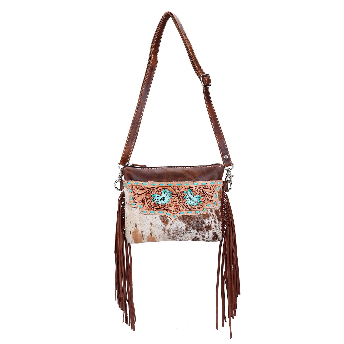 Leather Cowhide Western Hand Tooled Women's Small Crossbody - Freebird Rustic Brown with Cowhide