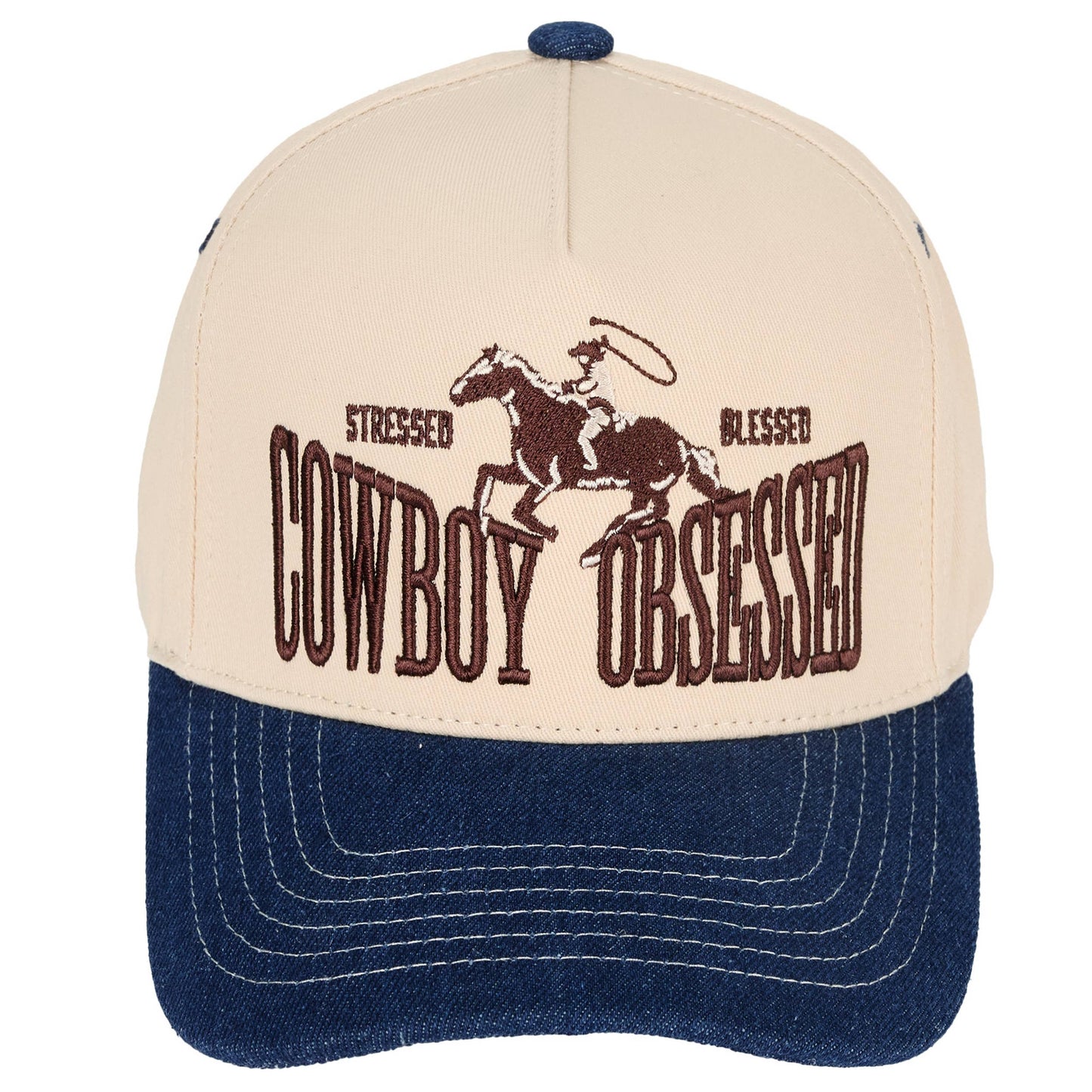 Hana - C.C COWBOY OBSESSED Embroidered Cotton Trucker Cap - Brown/Pink