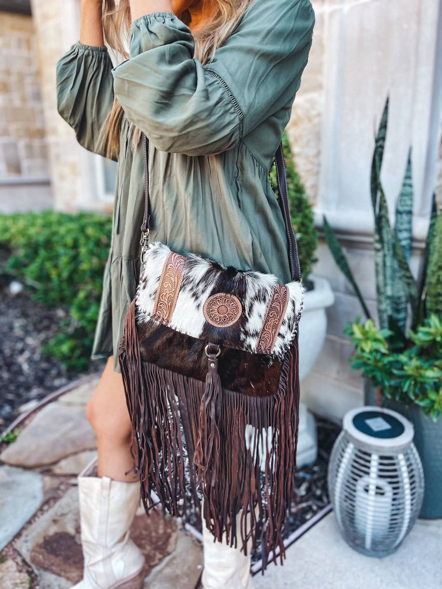 Boho Ranch Shop - THE REGINA CROSSBODY cowhide purse bag - BLACK LEATHER