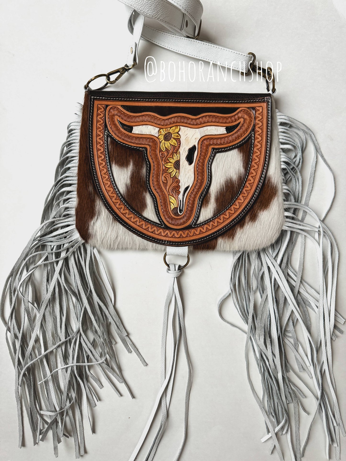 Boho Ranch Shop - THE CAROLINE CROSSBODY steer longhorn - cowhide purse bag - PINK FLOWER