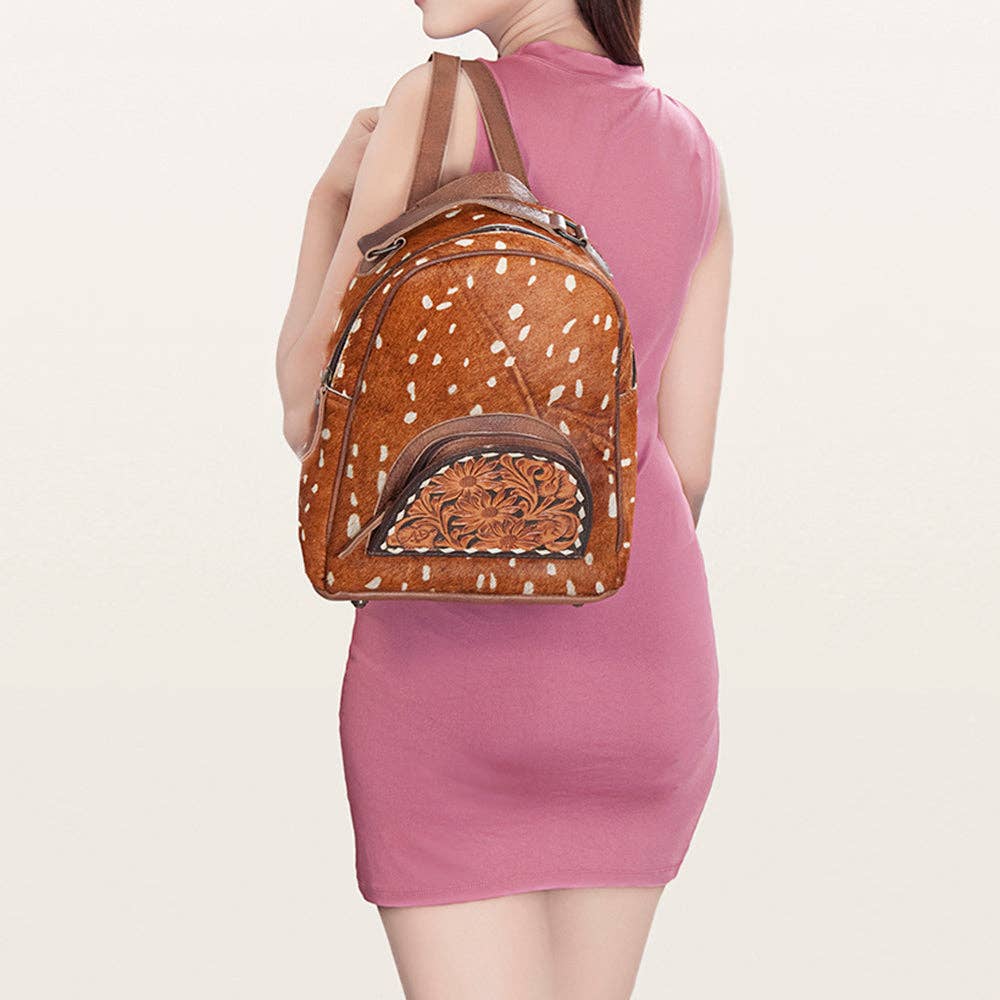 LS Western - ADBGS156 Printed Cowhide Leather Backpack with Tooled Floral Pocket - Western Wild Style - ADBGS156AF