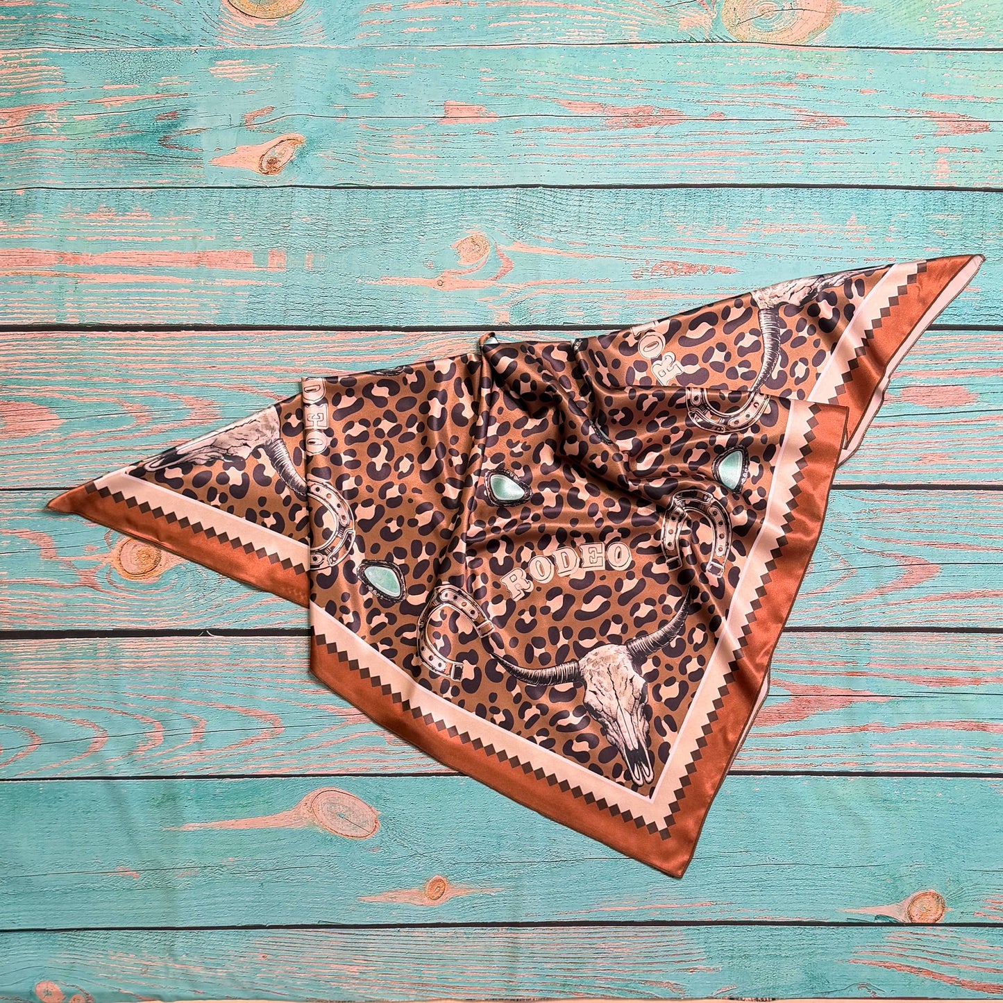 WESTERN RODEO PRINT SILK SCARF 36X36 - Mocha/Turquoise