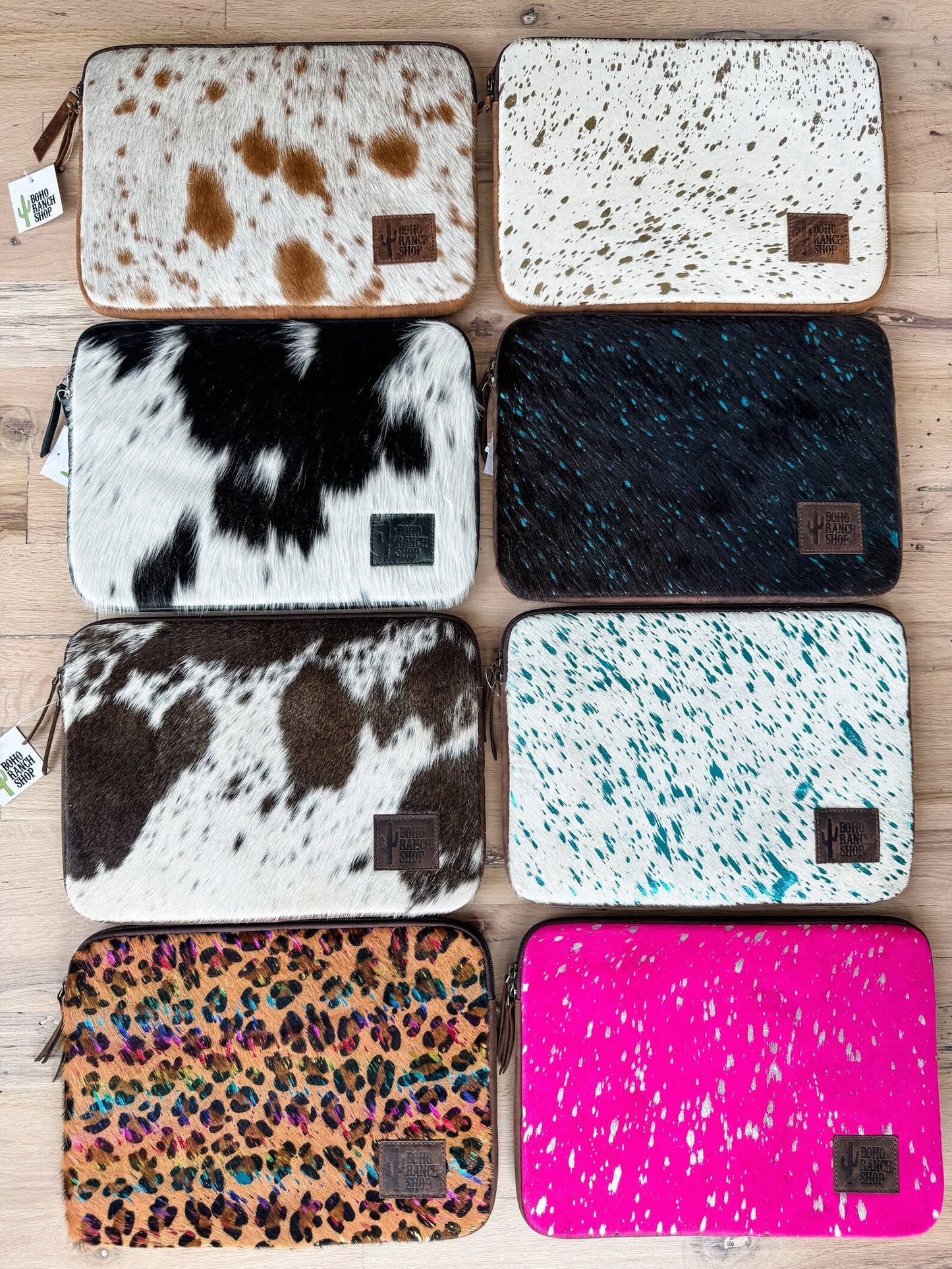 Boho Ranch Shop - Cowhide Laptop Computer Tech Sleeve Pouch - Leather Back - LEOPARD + RAINBOW - MEDIUM