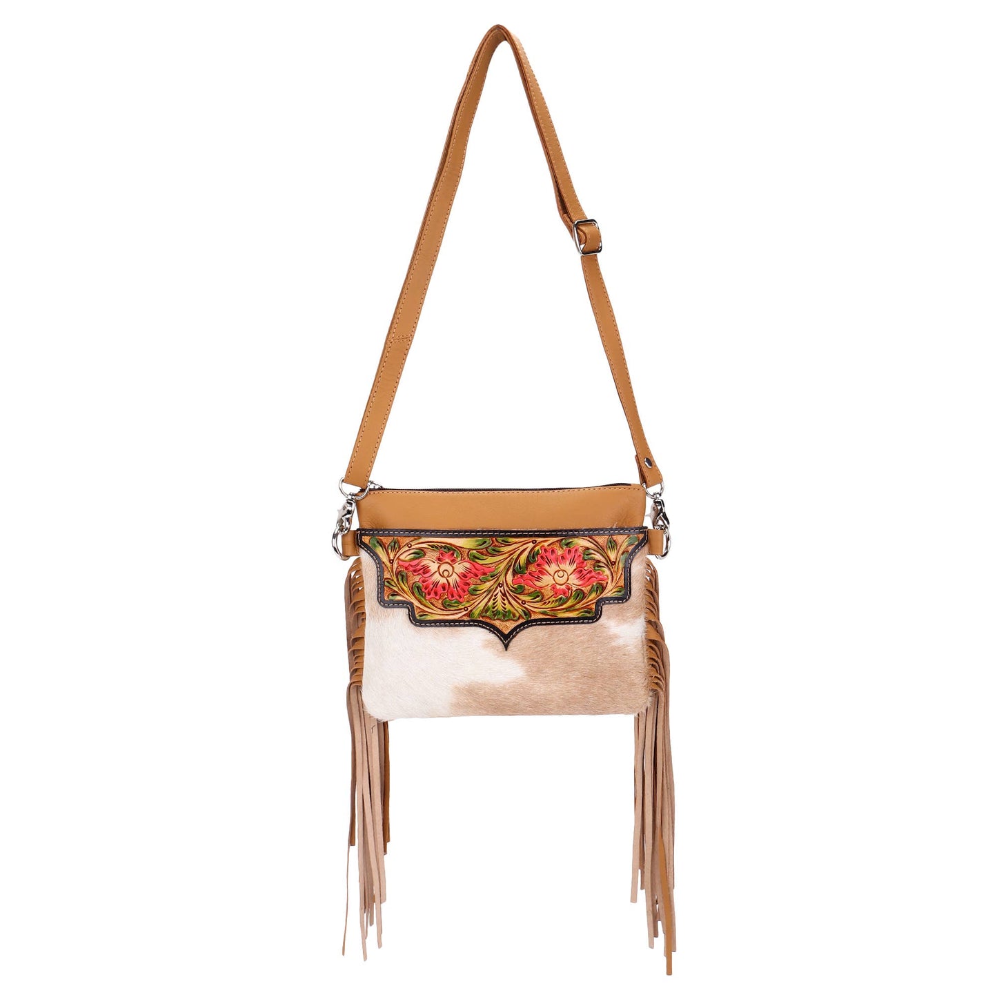 Leather Cowhide Western Hand Tooled Women's Small Crossbody - Freebird Rustic Brown with Cowhide