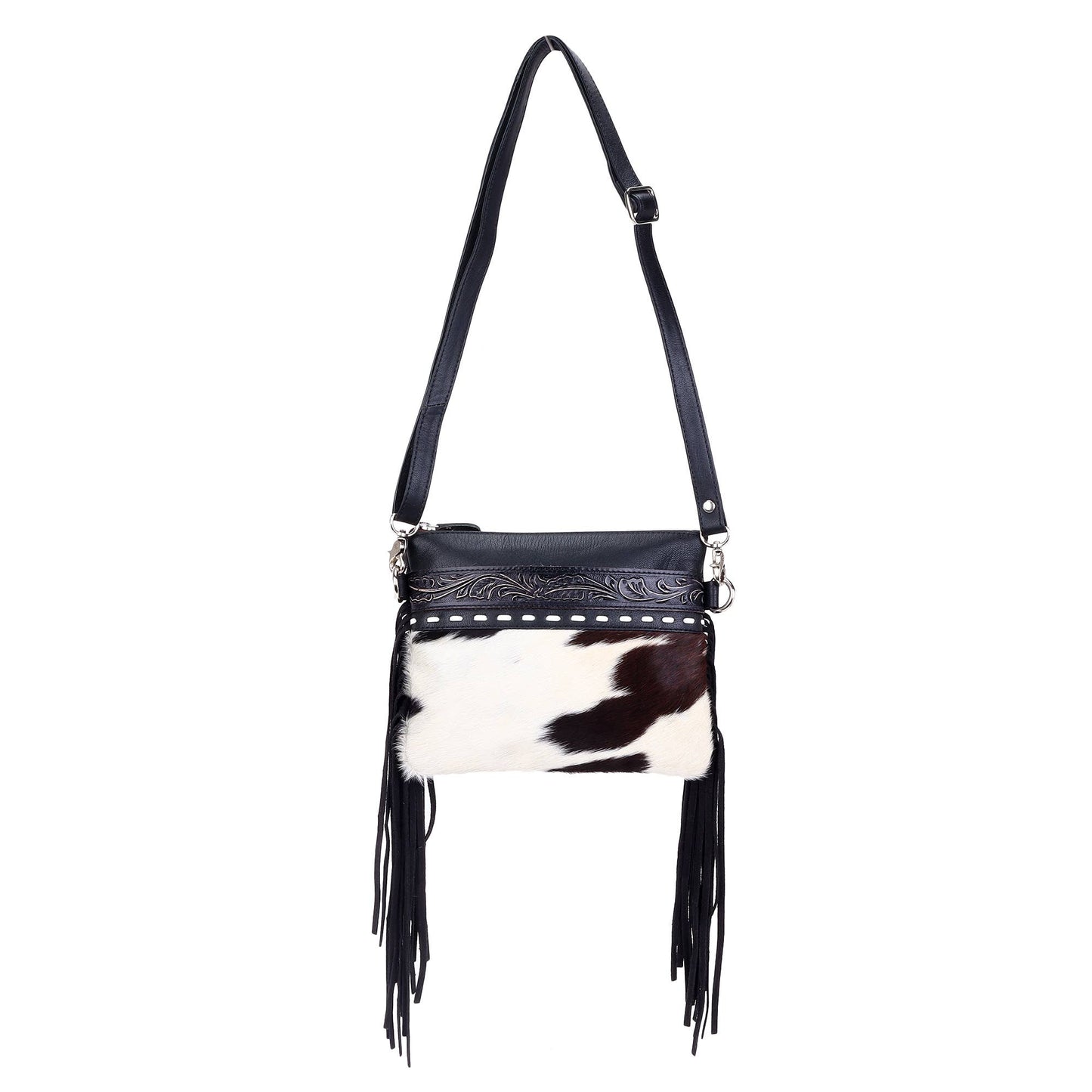 Leather Cowhide Western Hand Tooled Women's Small Crossbody - Freebird Rustic Brown with Cowhide