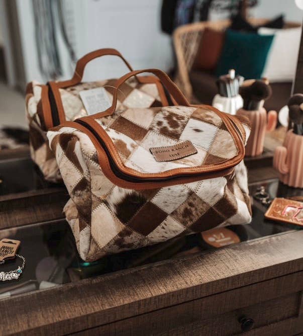 Boho Ranch Shop - BOHO LUXE TOILETRY bag Genuine Hair On travel storage  - Tan Leather