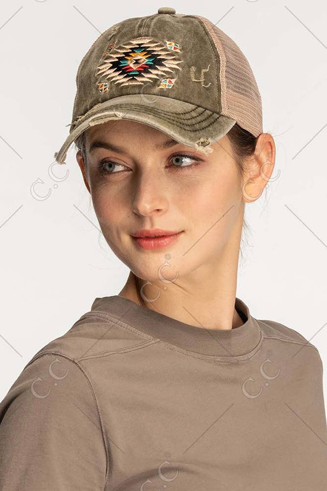 Hana - C.C Aztec Patch Distressed Criss-Cross Pony Cap - Black