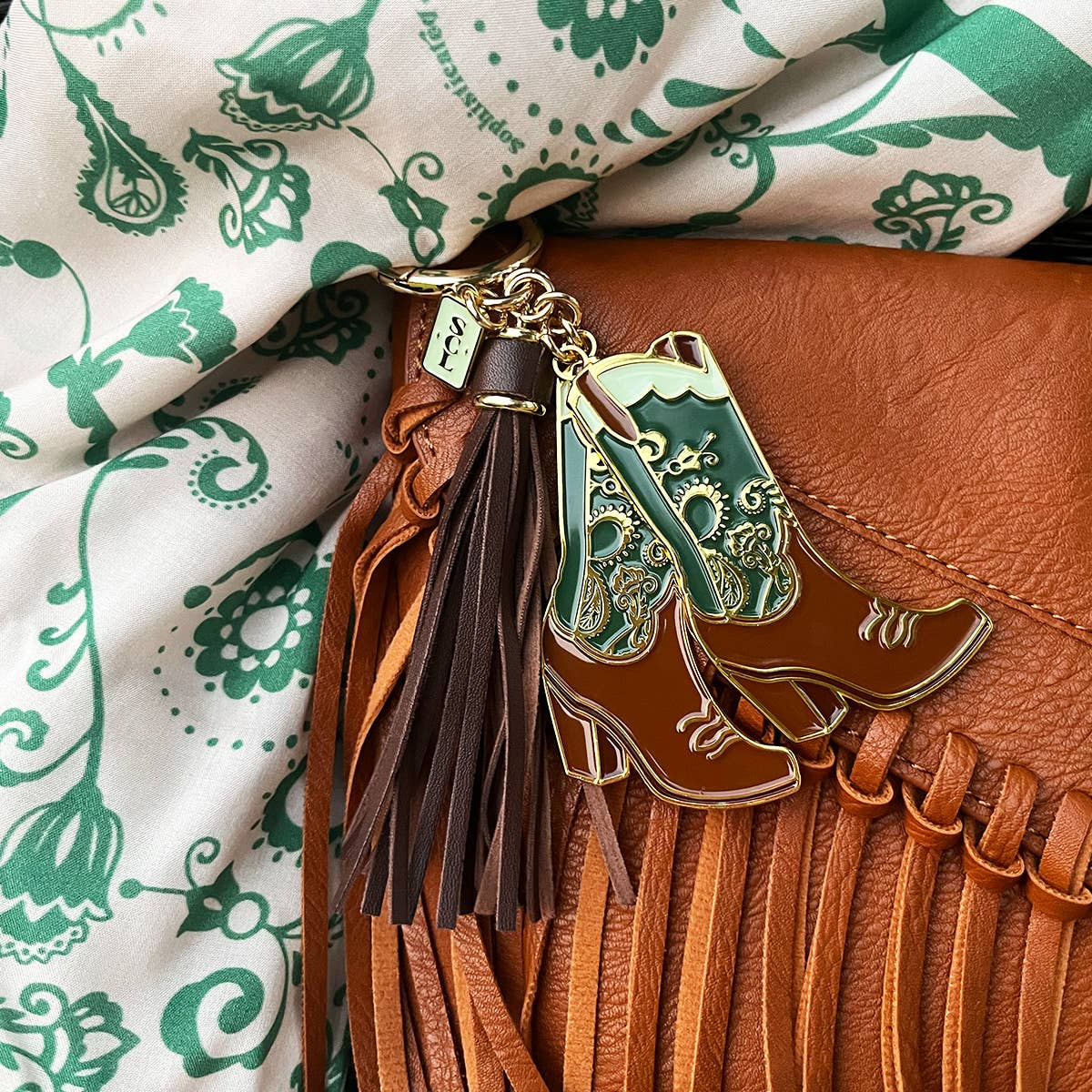 Sophisticated Country Lady - Emerald Paisley Cowgirl Boots Enamel Keychain Bag Charm - Hanging Card