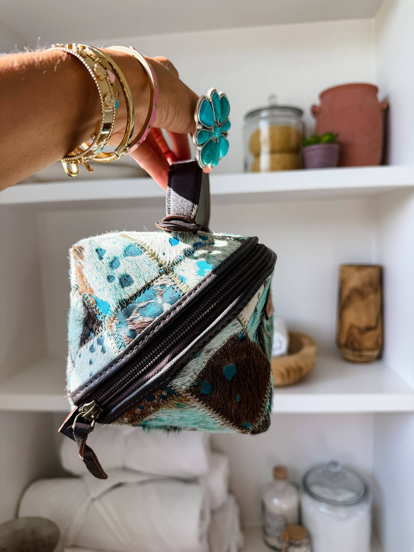 Boho Ranch Shop - Ella Cowhide Makeup Bag Leather Cosmetic Diagonal Opening - DARK BROWN + TURQUOISE SPECS