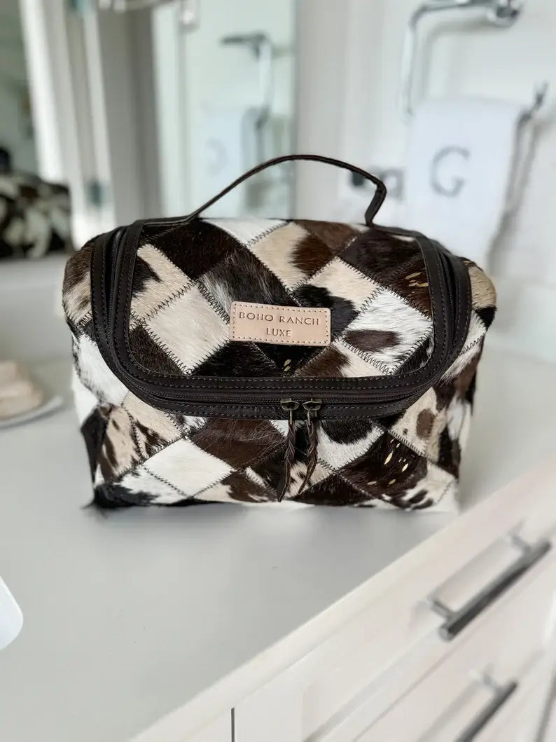 Boho Ranch Shop - BOHO LUXE TOILETRY bag Genuine Hair On travel storage  - Tan Leather