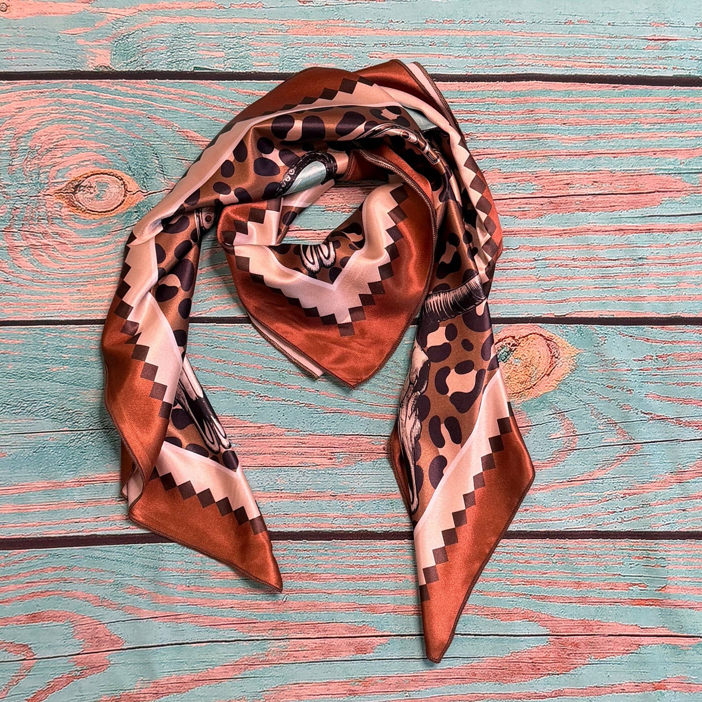 WESTERN RODEO PRINT SILK SCARF 36X36 - Mocha/Turquoise