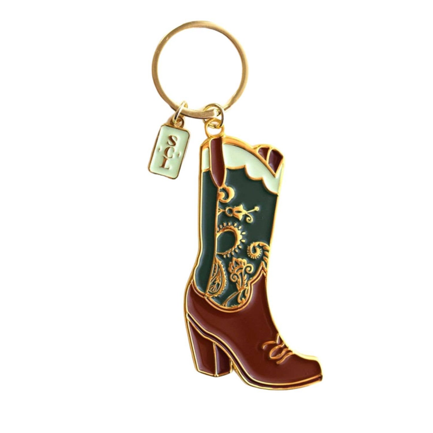 Sophisticated Country Lady - Emerald Paisley Cowgirl Boot Lil Lady Enamel Keychain