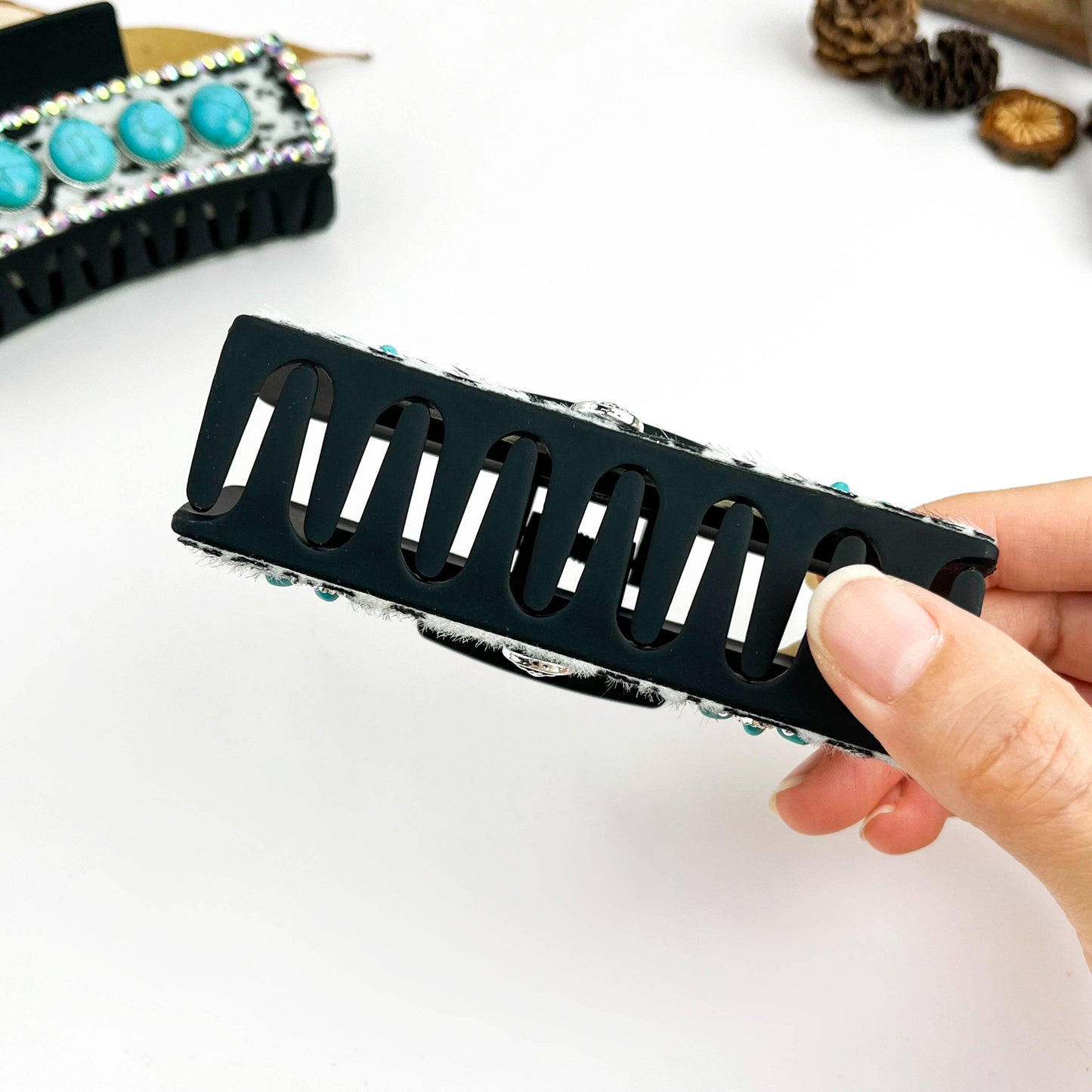 mildstyles - Western Cowboy Turquoise Cow Print Rhinestone Hair Claw Clip - D