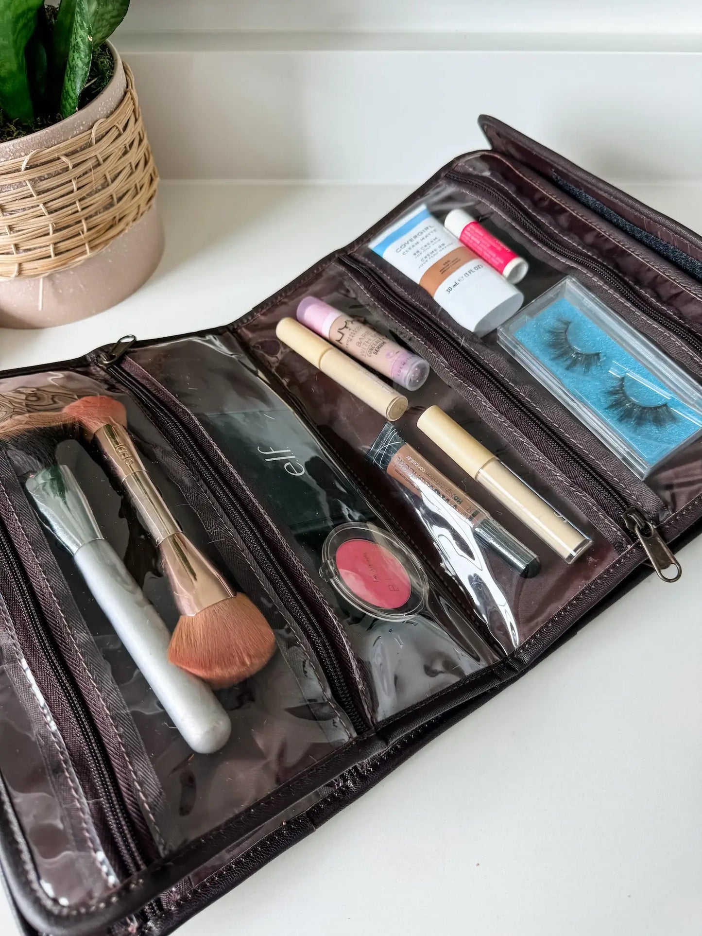 Boho Ranch Shop - BOHO LUXE FOLDABLE travel makeup jewelry bag Genuine Cowhide - BROWN + WHITE