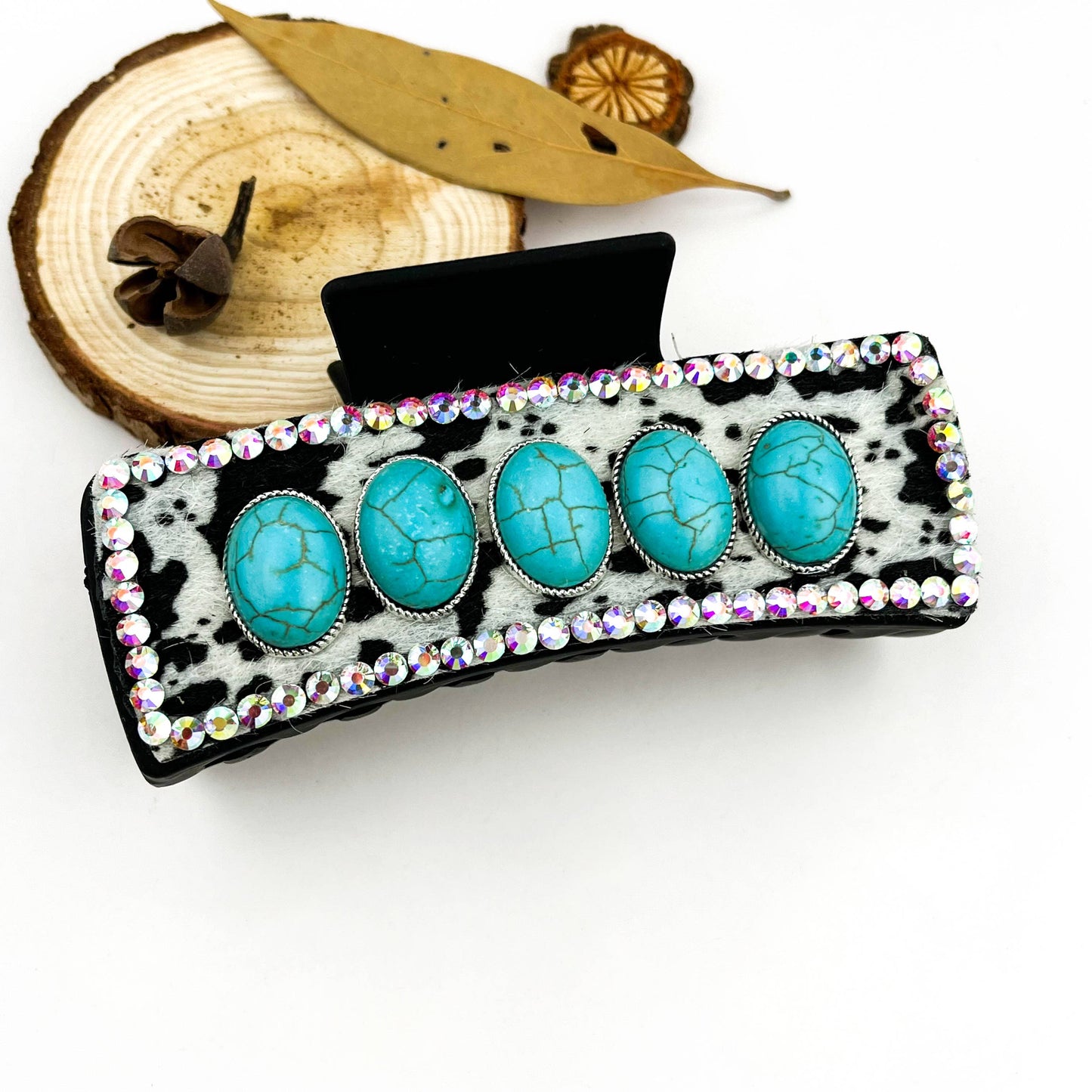 mildstyles - Western Cowboy Turquoise Cow Print Rhinestone Hair Claw Clip - D